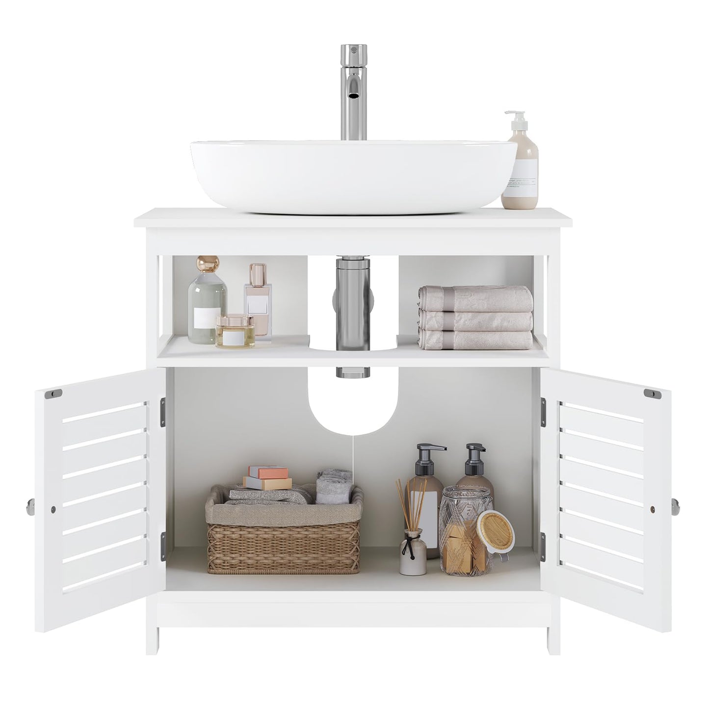 EUGAD Bamboo Vanity Unit with Slat Doors, Adjustable Shelf, 60 x 60 x 30 cm