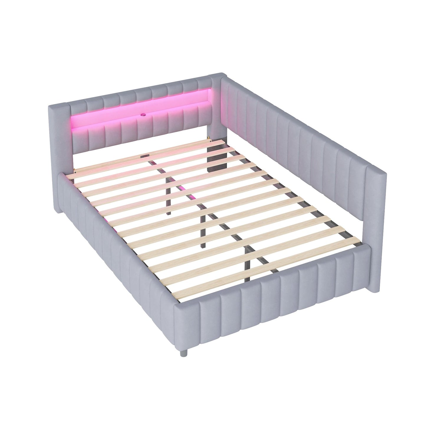 KEYIDE Upholstered Sofa Bed, 140 x 200 cm with LED Lighting and USB Charging, Bed Frame with Wooden Slatted Frame, Day Bed, Guest Bed, Youth Bed, Velvet Fabric, Without Mattress (Grey, 140 x 200)