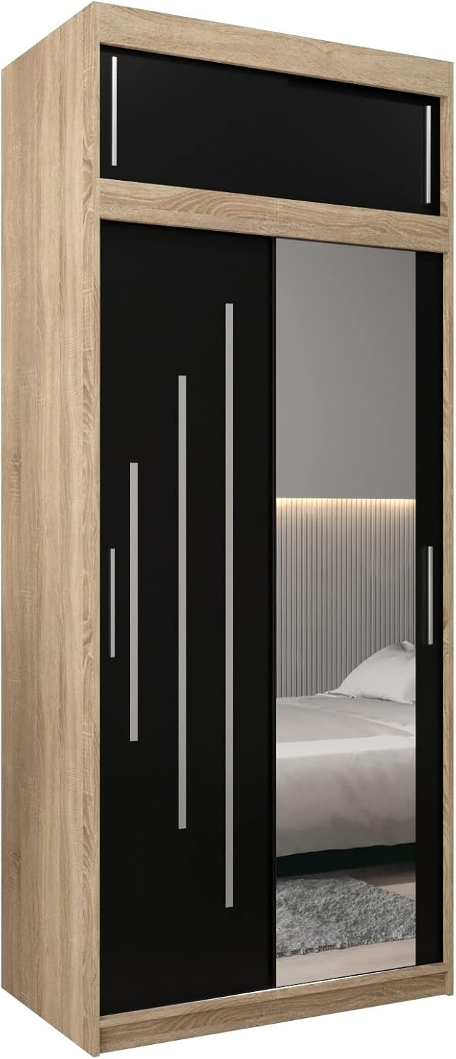MEBLE KRYSPOL Kleiderschrank mit Spiegel York 2 - Garderobenschrank - Schrank Schlafzimmer - Mehrzweckschrank Zwei Schiebetüren - Regalen - Flur Möbel - Kleiderstange Schrank - Allzweckschrank