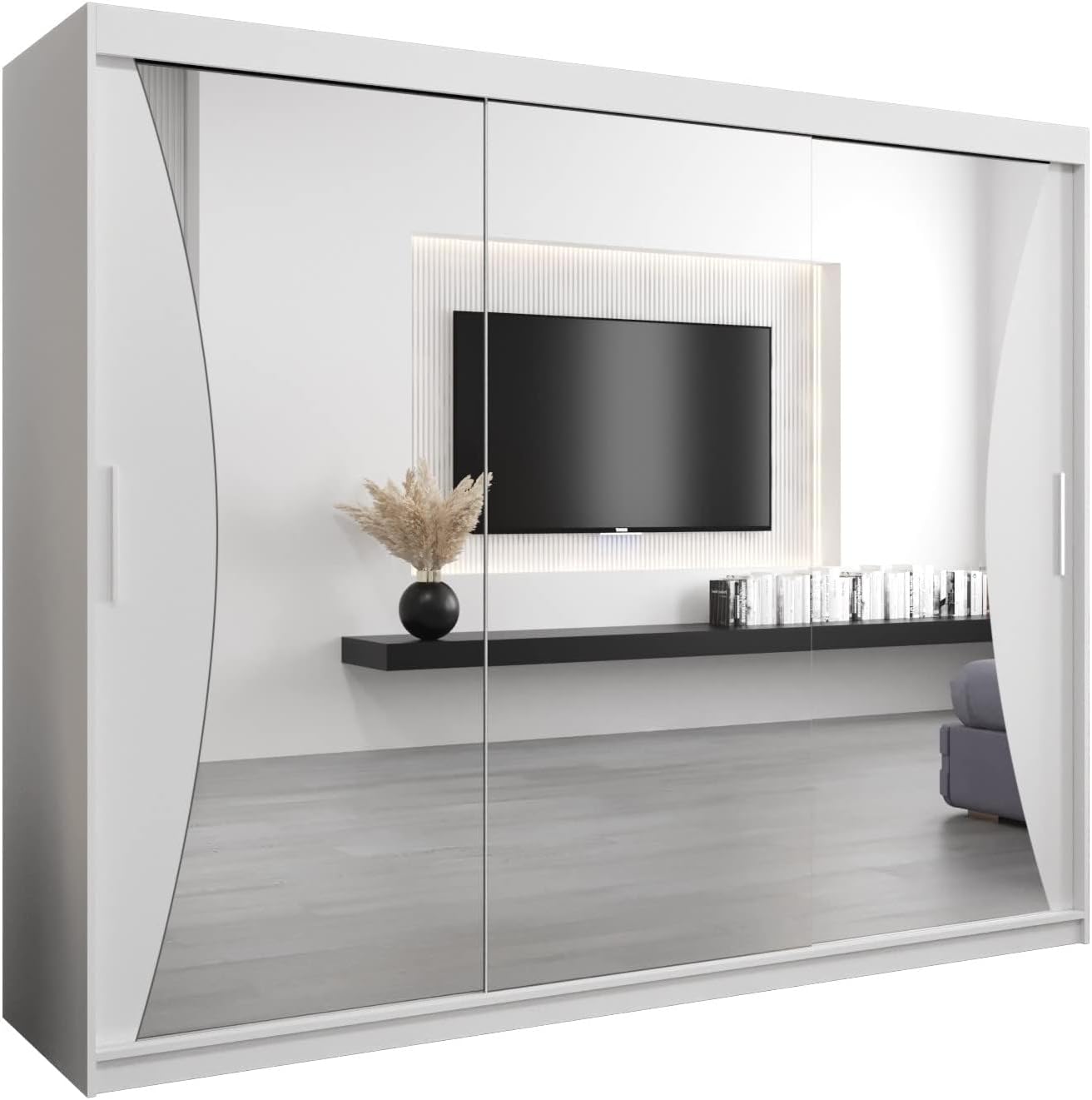 MEBLE KRYSPOL Kleiderschrank mit Spiegel Monaco - Garderobenschrank - Schrank Schlafzimmer - Mehrzweckschrank DREI Schiebetüren - Regalen - Flur Möbel - Kleiderstange Schrank - Allzweckschrank