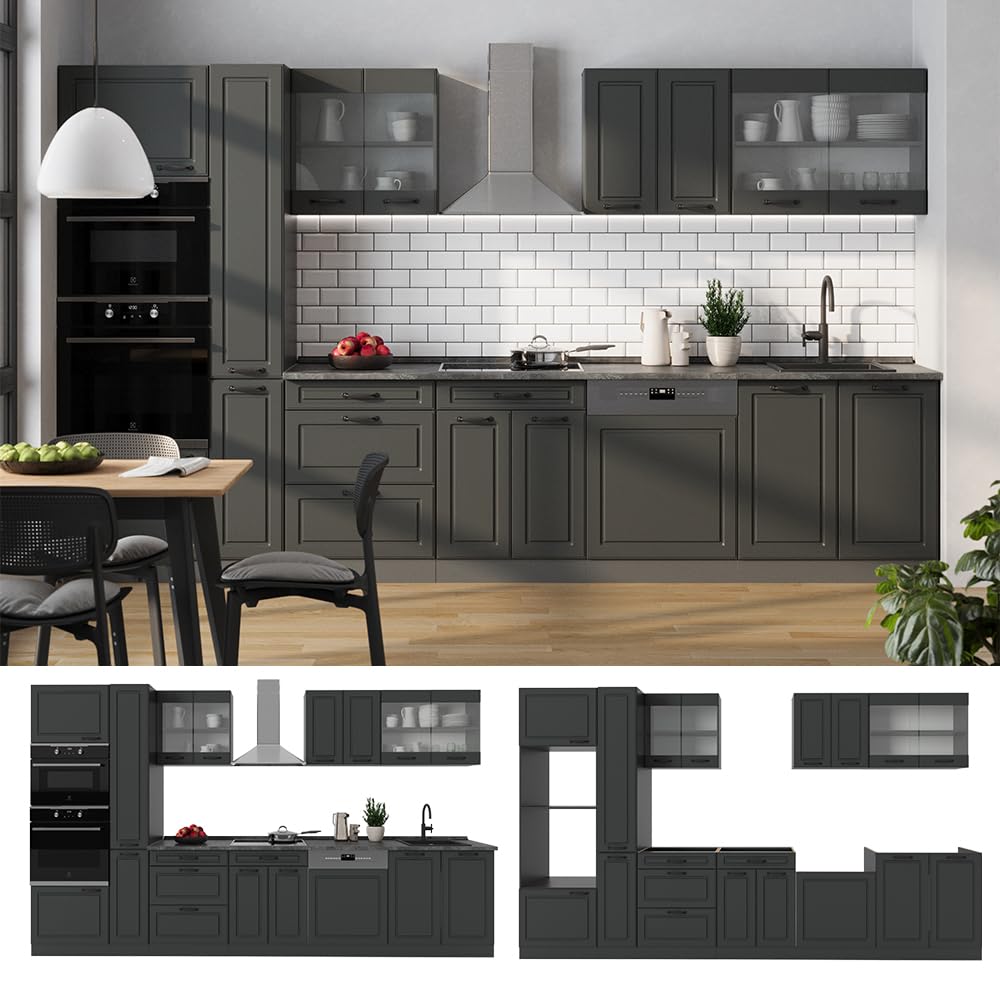 Vicco R-Line Fitted Kitchen Cabinets Anthracite Kitchen Furniture (Anthracite / White High Gloss, MUS 350 cm)