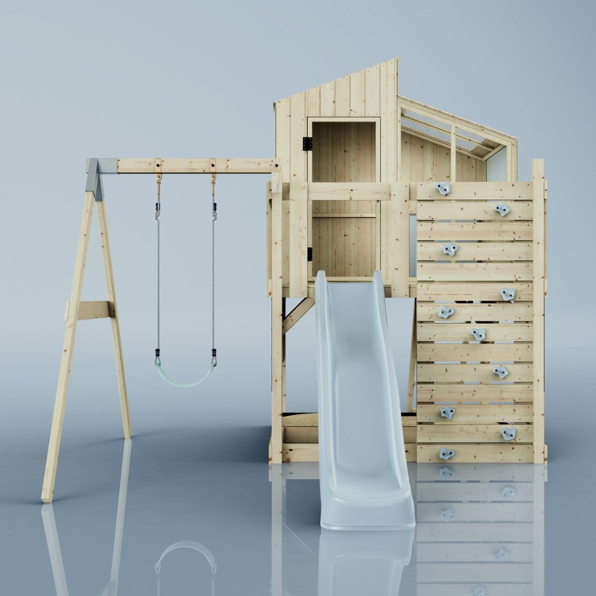 Rebo Spielturm mit Spielhaus inkl. Wellenrutsche und Kinder-Schaukel | Outdoor Klettergerüst Garten | Kletterwand und Kletterleiter | Stabile Konstruktion, Weiches Gefühl in den Seilen