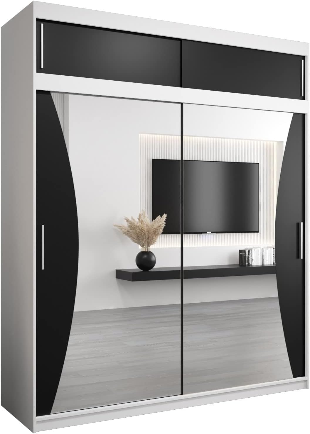 MEBLE KRYSPOL Kleiderschrank mit Spiegel Monaco - Garderobenschrank - Schrank Schlafzimmer - Mehrzweckschrank DREI Schiebetüren - Regalen - Flur Möbel - Kleiderstange Schrank - Allzweckschrank