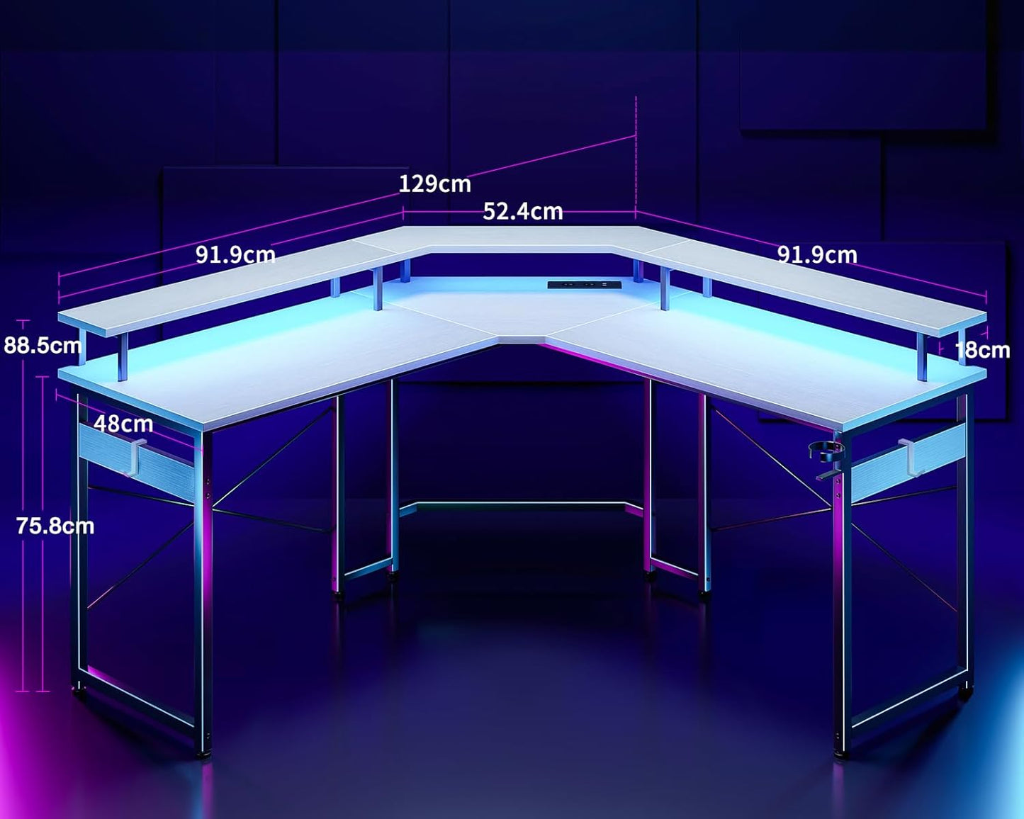ODK Gaming Tisch mit LED, Gaming Schreibtisch mit 2 Steckdosen und 2 USB Ladeanschluss, PC Tisch Gaming mit großzügiger Monitorablage, Gamer Schreibtisch in Kohlefaser Weiß, 129x129 cm