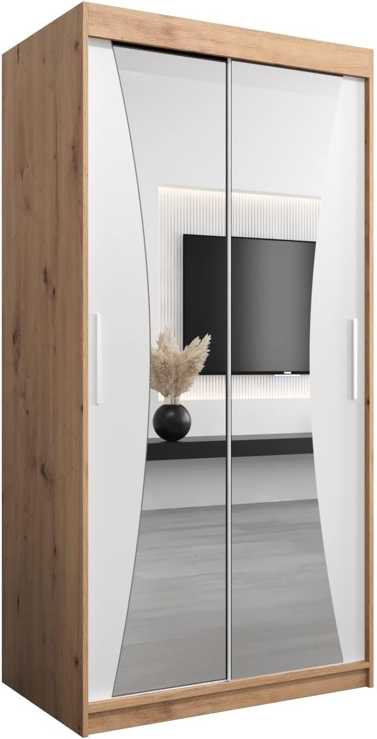 MEBLE KRYSPOL Kleiderschrank mit Spiegel Monaco - Garderobenschrank - Schrank Schlafzimmer - Mehrzweckschrank DREI Schiebetüren - Regalen - Flur Möbel - Kleiderstange Schrank - Allzweckschrank