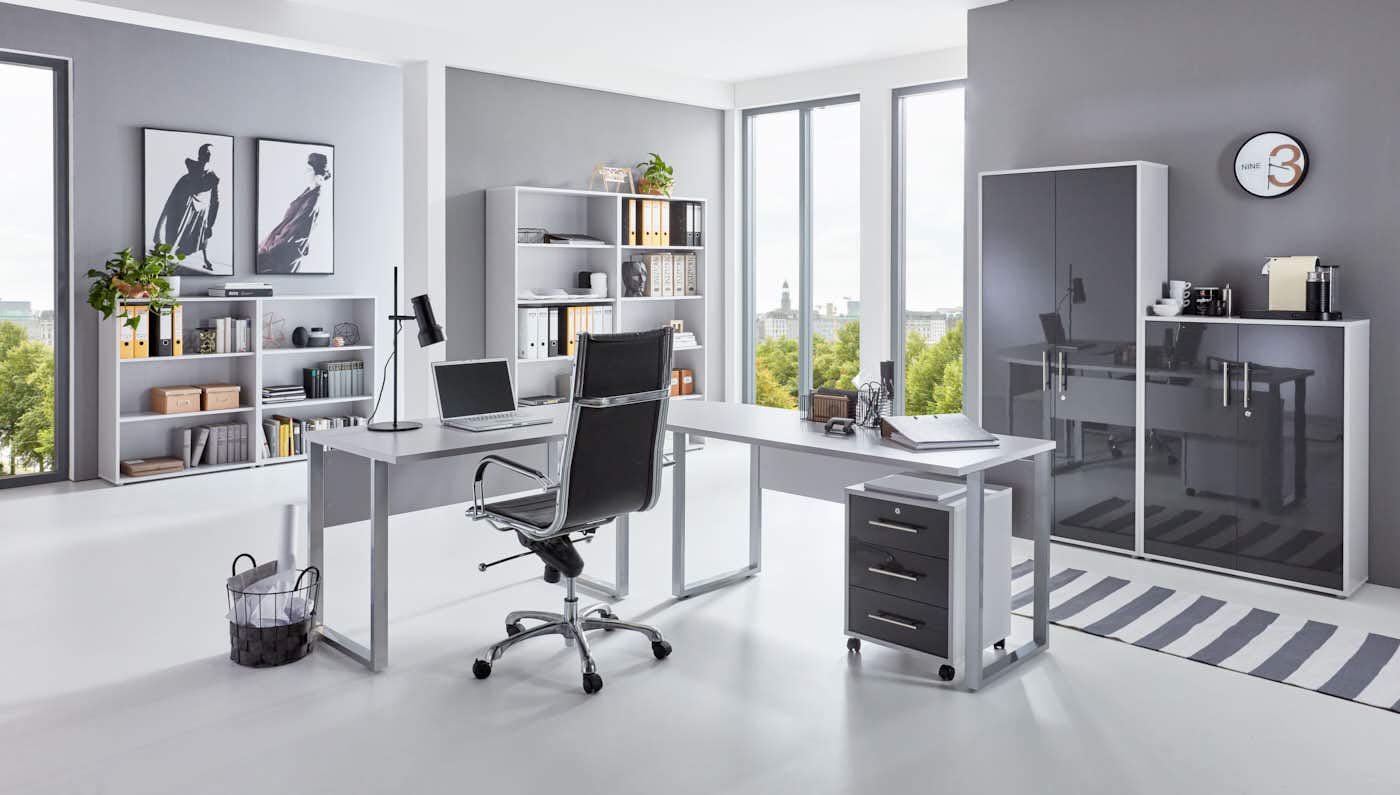 BMG-Moebel.de Büromöbel komplett Set Arbeitszimmer Office Edition in Lichtgrau/Anthrazit Hochglanz (Set 6)