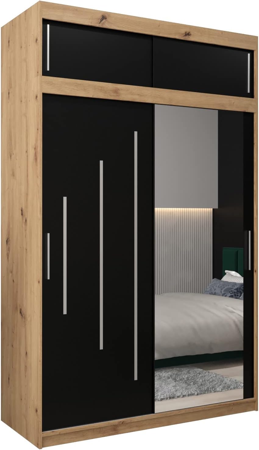 MEBLE KRYSPOL Kleiderschrank mit Spiegel York 2 - Garderobenschrank - Schrank Schlafzimmer - Mehrzweckschrank Zwei Schiebetüren - Regalen - Flur Möbel - Kleiderstange Schrank - Allzweckschrank