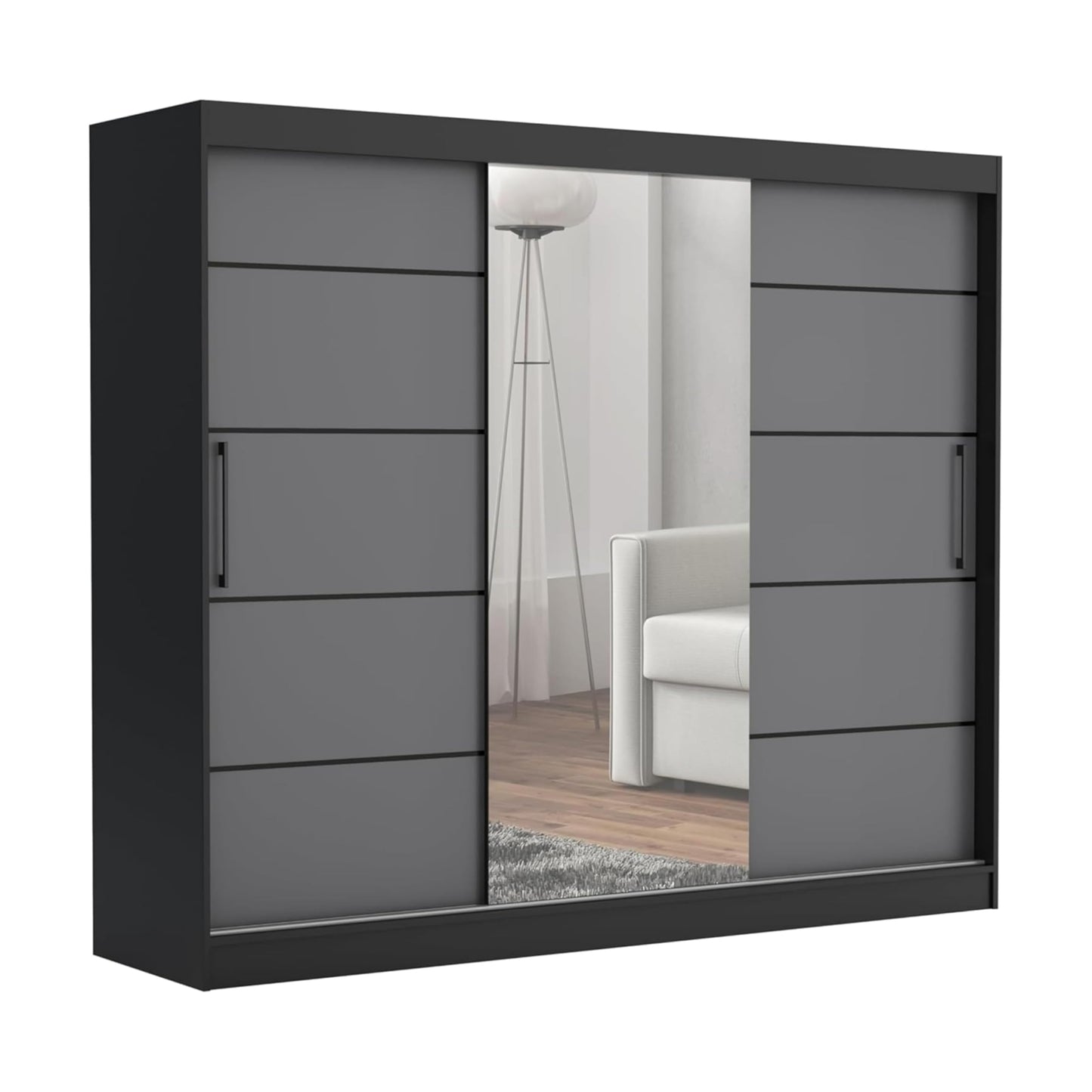Brent - Kleiderschrank mit Spiegel und Schubladen 235cm Breit Chelsea Tomy, Schwebetürenschrank mit Spiegel, Schlafzimmerschrank, Kleiderschrank Schwarz