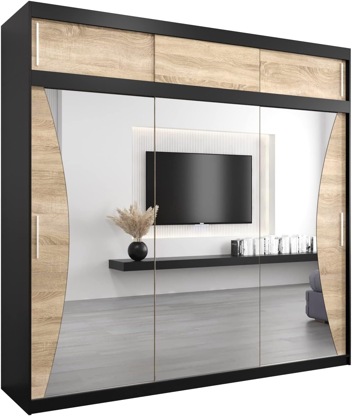 MEBLE KRYSPOL Kleiderschrank mit Spiegel Monaco - Garderobenschrank - Schrank Schlafzimmer - Mehrzweckschrank DREI Schiebetüren - Regalen - Flur Möbel - Kleiderstange Schrank - Allzweckschrank