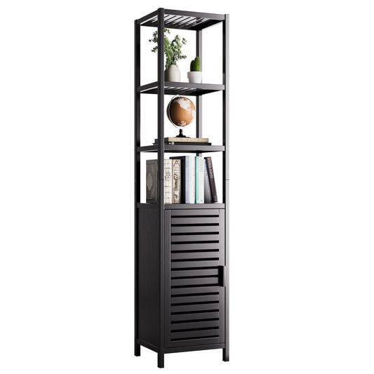 HITNET Bathroom Cabinet Bamboo Black Bathroom Cabinet Tall Cabinet Narrow Freestanding Floor Standing with Open Shelf and Single Door