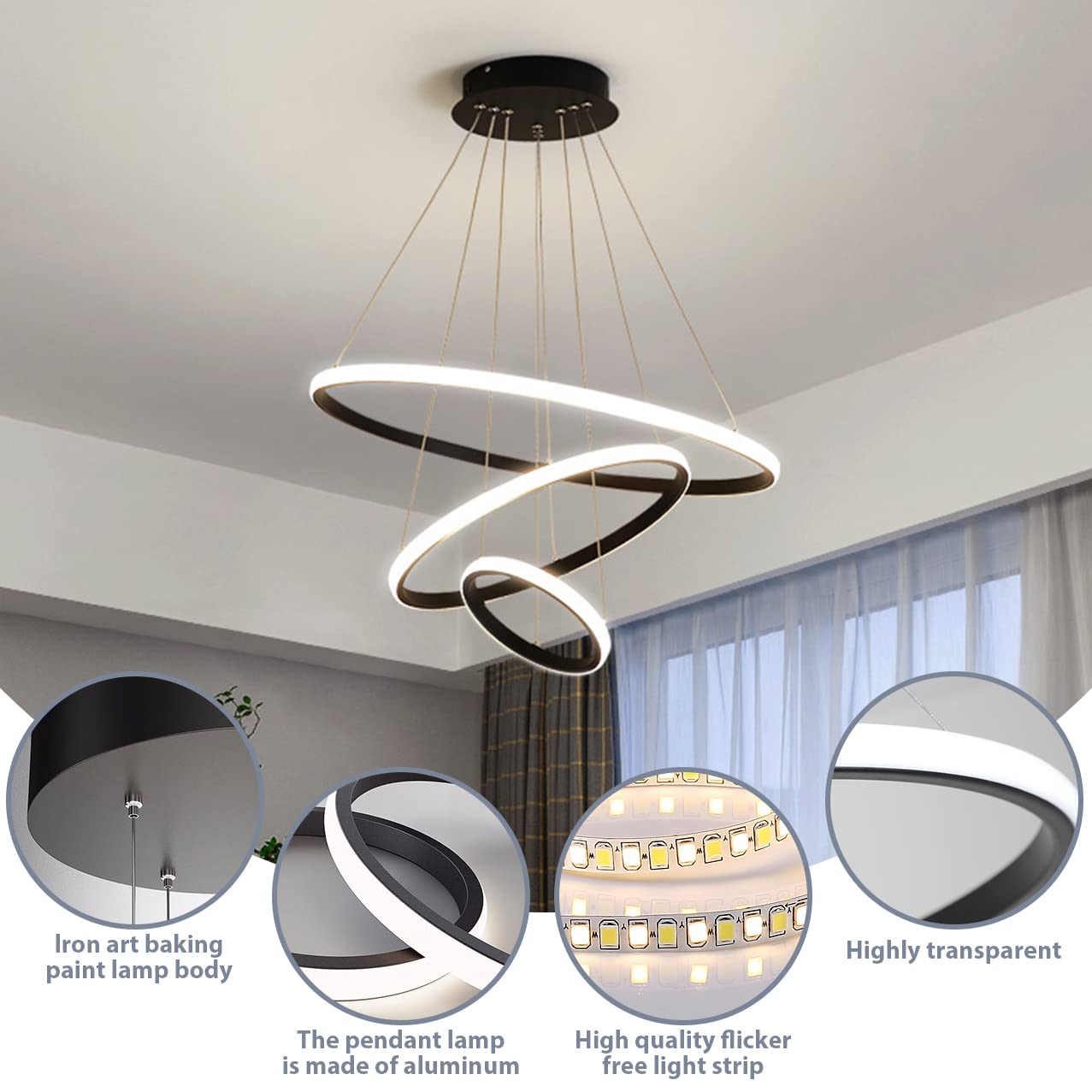 KSIBNW 3 Ringen Moderne LED Hängelampe Esstisch,45W LED Hängeleuchte & Pendelleuchten Höhenverstellbar für Esszimmer Wohnzimmer,Dimmbar Hängeleuchte Aluminium Mit Fernbedienung,3000K-6500K,Schwarz