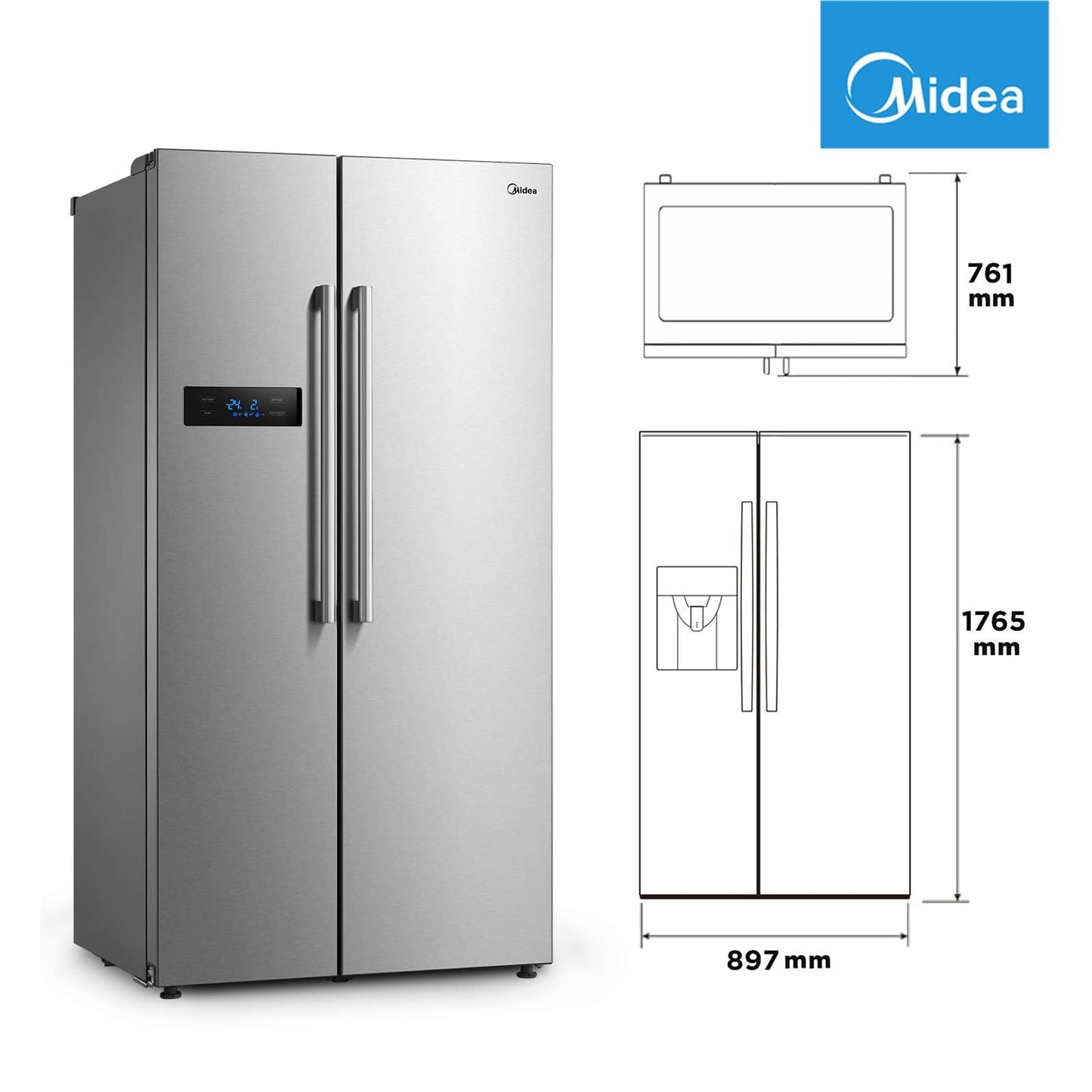 Midea KS-DDX 6.32 WT Side-by-Side Kühl-/Gefrierkombination/ 178,8 cm Höhe/ 254 kWh/Jahr/No Frost/Dual Inverter Compressor/mit 3in1 Wasser-/Eisspender und Wassertank, Dark Inox