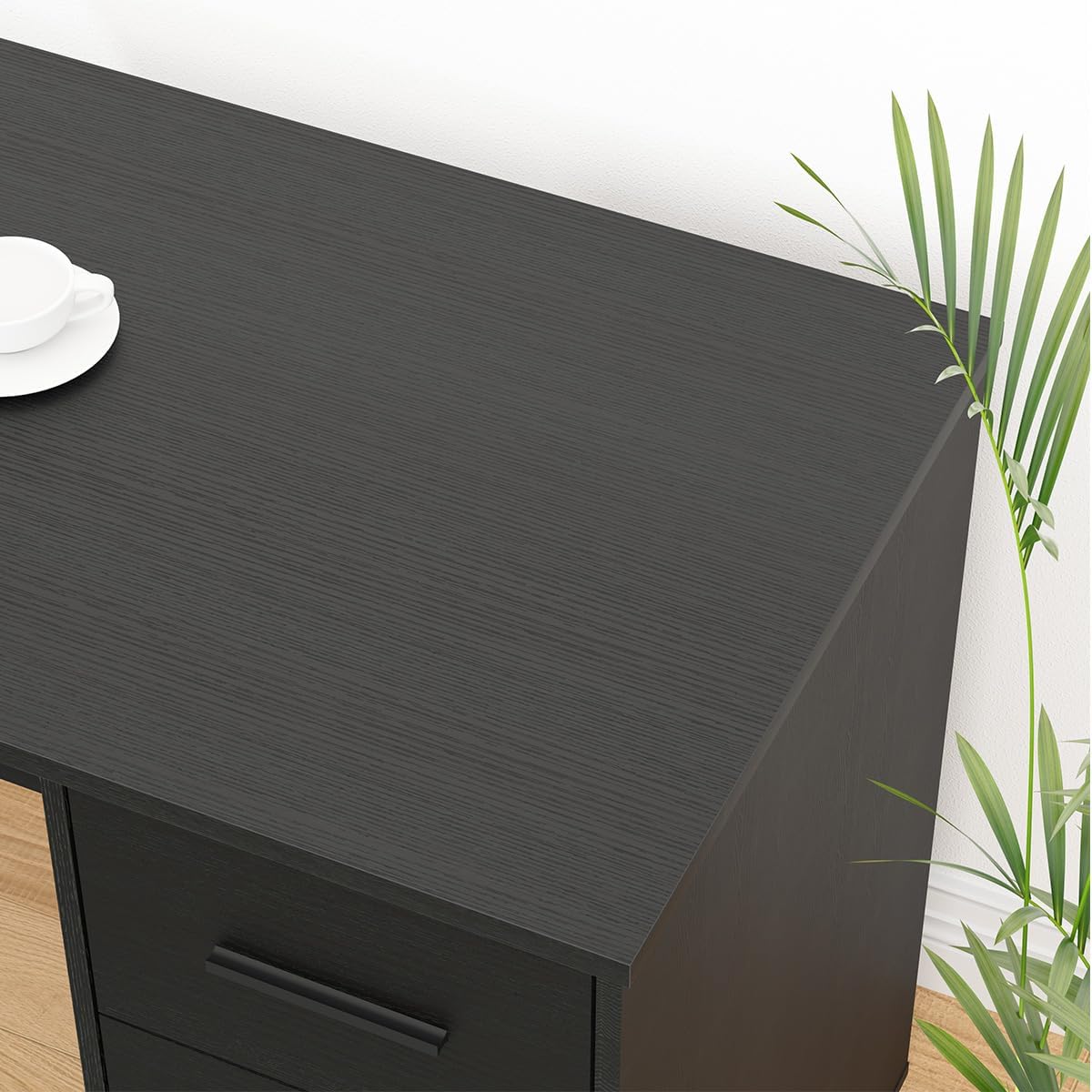 HSH - Black L Shape Corner Desk with Filing Drawers and Shelves, Reversible Corner Desk Made of Metal and Wood with Storage Cabinets