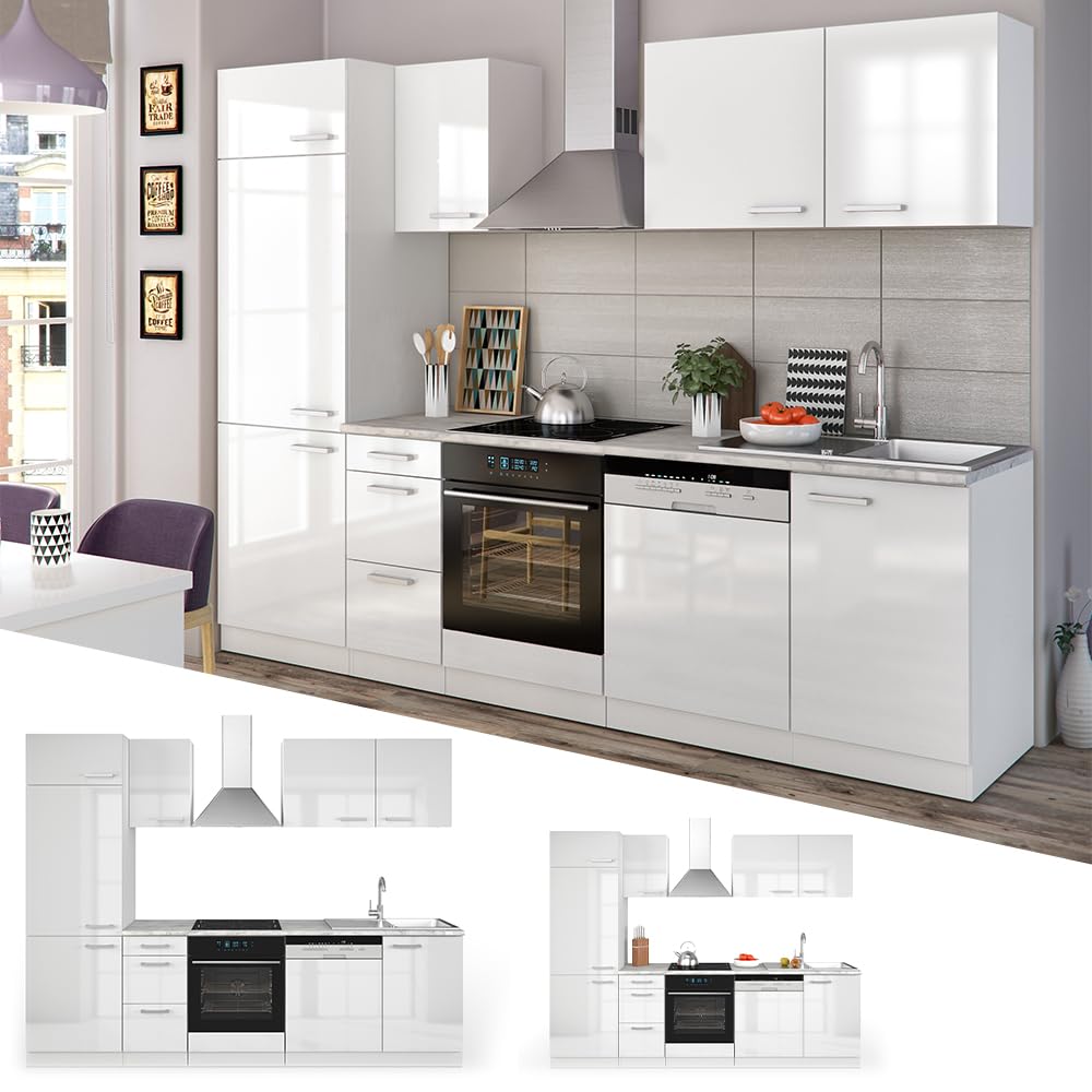 Vicco Küchenzeile Optima, Weiß Hochglanz/Weiß, 270 cm ohne Arbeitsplatte