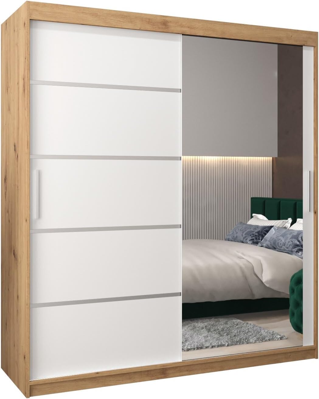 MEBLE KRYSPOL Kleiderschrank mit Spiegel Verona 2 - Garderobenschrank - Schrank Schlafzimmer - Mehrzweckschrank DREI Schiebetüren - Regalen - Flur Möbel - Kleiderstange Schrank - Allzweckschrank