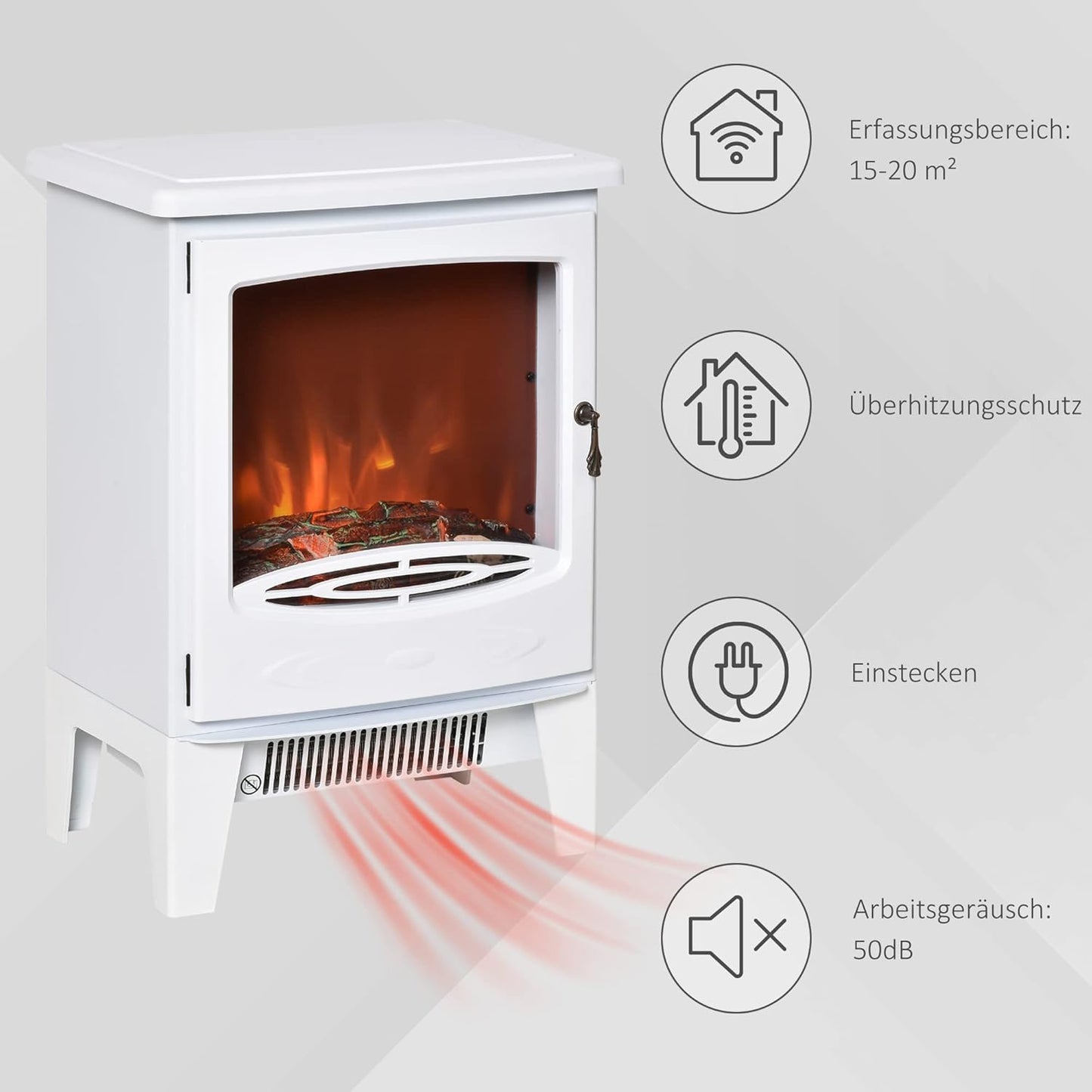 HOMCOM LED Electric Fireplace Standing Fireplace with Flame Effect 900/1800 W Metal ABS Plastic Glass White 39 x 26 x 54.8 cm