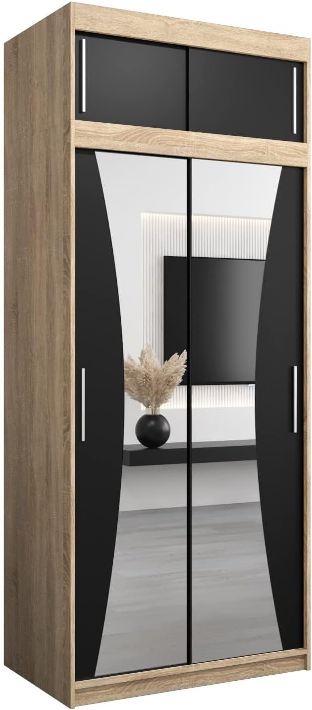 MEBLE KRYSPOL Kleiderschrank mit Spiegel Monaco - Garderobenschrank - Schrank Schlafzimmer - Mehrzweckschrank DREI Schiebetüren - Regalen - Flur Möbel - Kleiderstange Schrank - Allzweckschrank