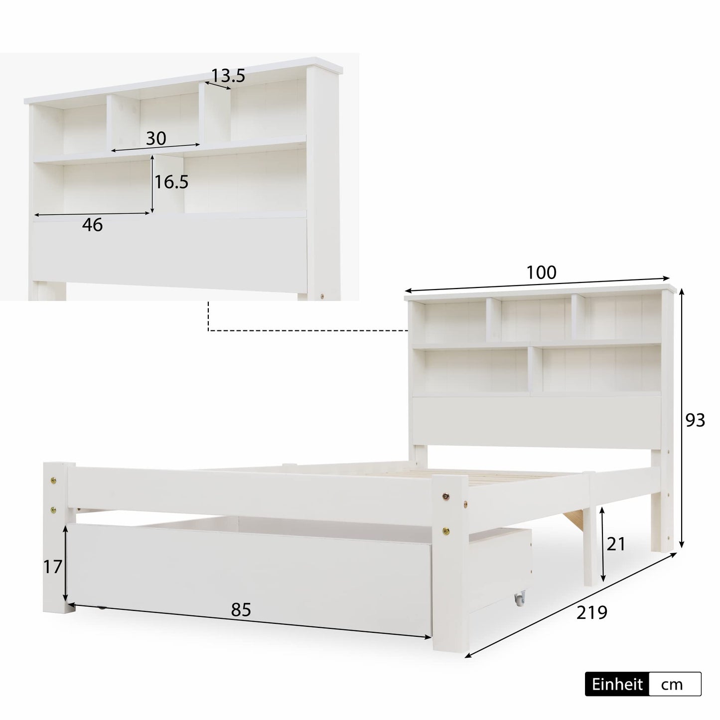 RIAZOS Kinderbett Holzbett 90x200 cm, Massiveholz Einzelbett mit Schreibtisch und Schubladen, Stauraumbett mit Lattenrost, für Jungen & Mädchen, ohne Matratze, Weiß