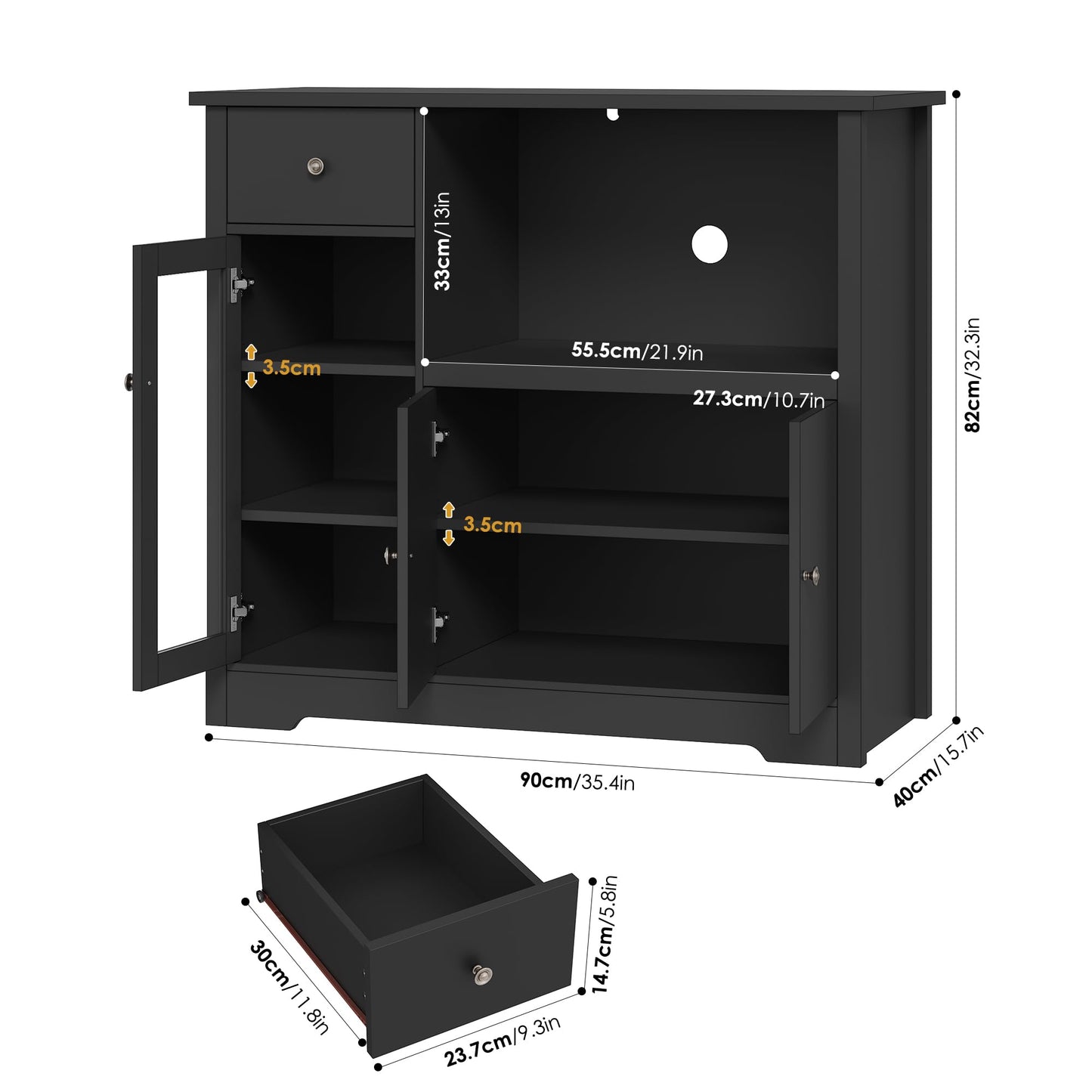 HOCSOK Kitchen Cabinet with Worktop, Sideboard Kitchen with Microwave Shelf, Buffet Cabinet with 1 Drawer, 3 Doors, Adjustable Shelves, for Kitchen, Dining Room, Living Room, Black