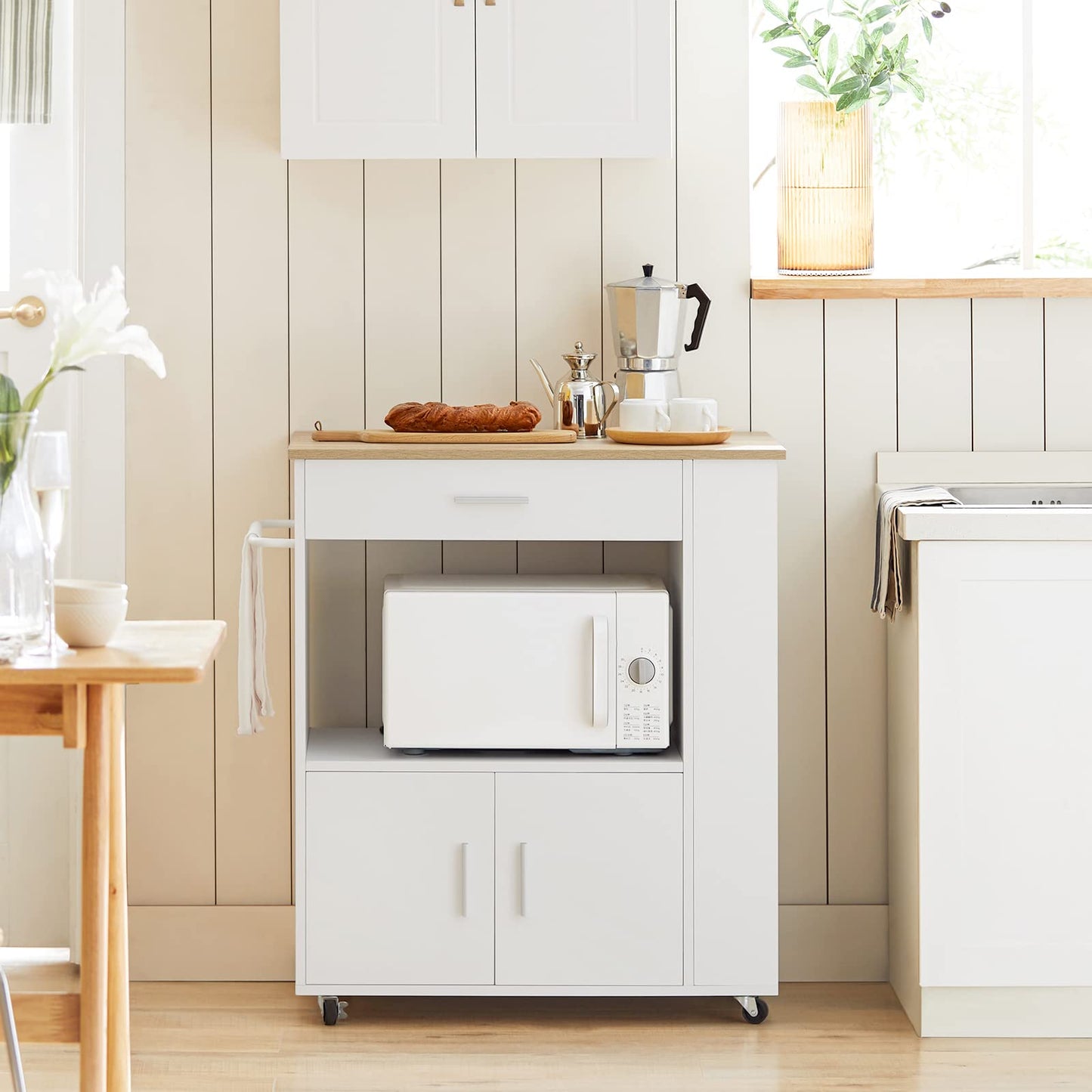 SoBuy Serving Trolley with Wheels Kitchen Trolley with Worktop Rolling Trolley Kitchen Island with Worktop Narrow Microwave Cabinet Kitchen Cabinet Side Table Wood Black 82 x 88 x 46 cm FKW113-SCH