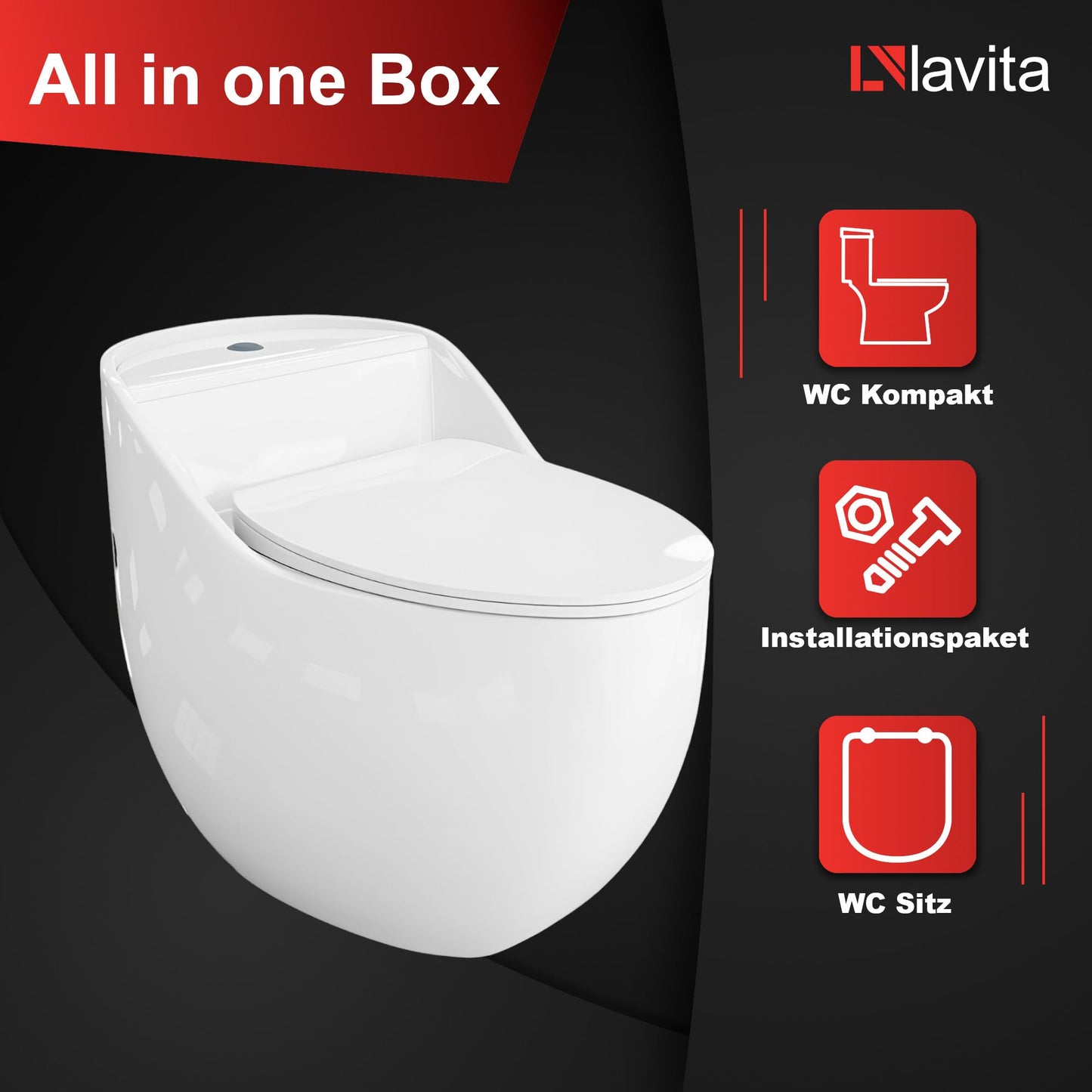LAVITA Einteilige Stand-WC Mit Eingebautem Spülkasten SILIA RIM BLACK/GOLD LINE | Deckel Mit Absenkautomatik | Keramik Toilette Spülrandlos | Toilettenbecken Stehend + Anschlussstück