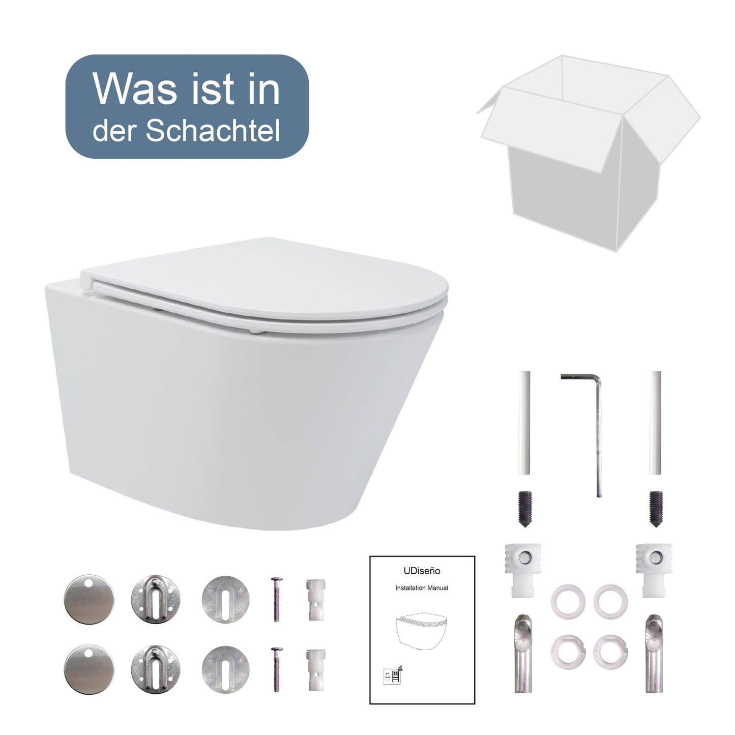 UDiseño Wall Toilet Rimless Toilet, 360° Superspin Flush Hanging Toilet, Raised Complete Set, D Shape, Low Noise Tornado Toilet Flush, UF Lid Seat with Soft-Close Mechanism, 52.5 cm Long, White