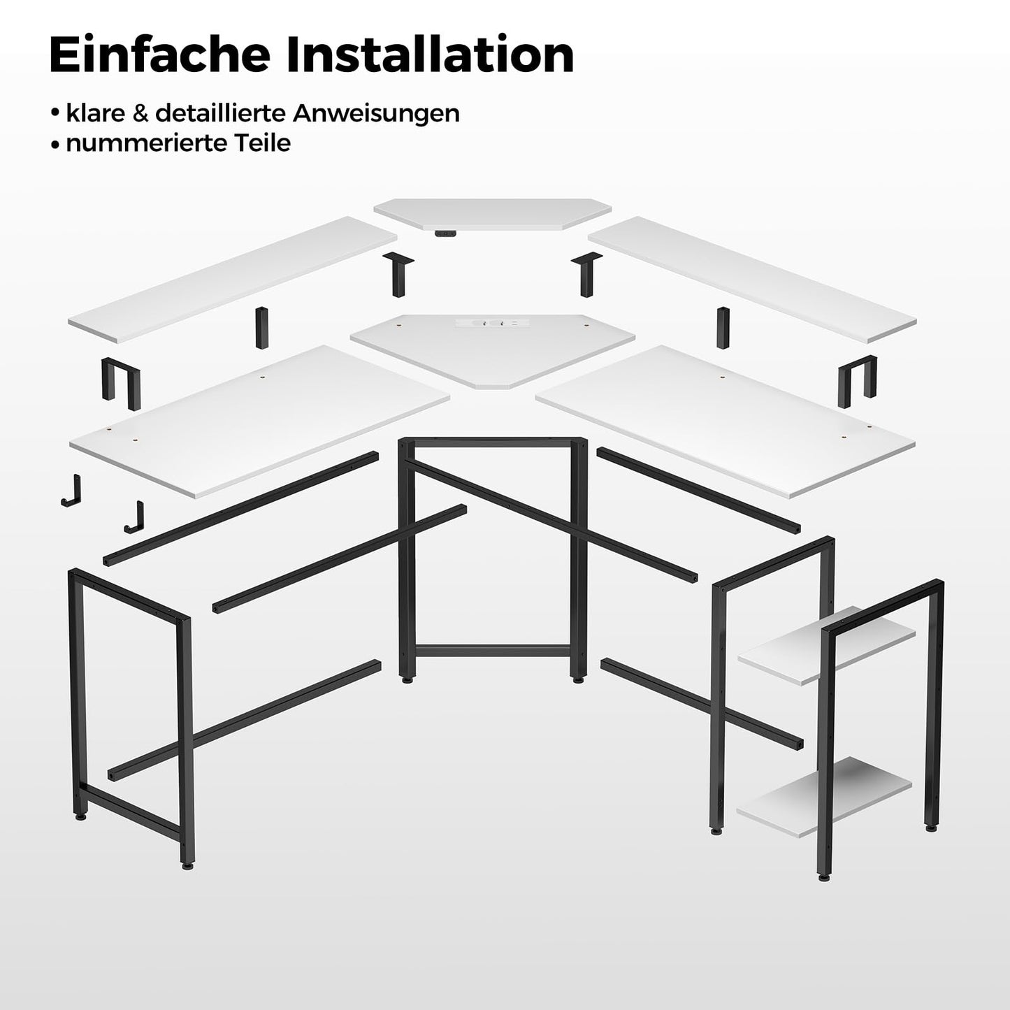 Rolanstar Schreibtisch L Form mit LED & Steckdosen, 117 cm Computertisch mit Monitorständer & Ablagefläche, Reversibler Eckschreibtisch mit 2 Haken, perfekt für Arbeitszimmer Schlafzimmer Büro