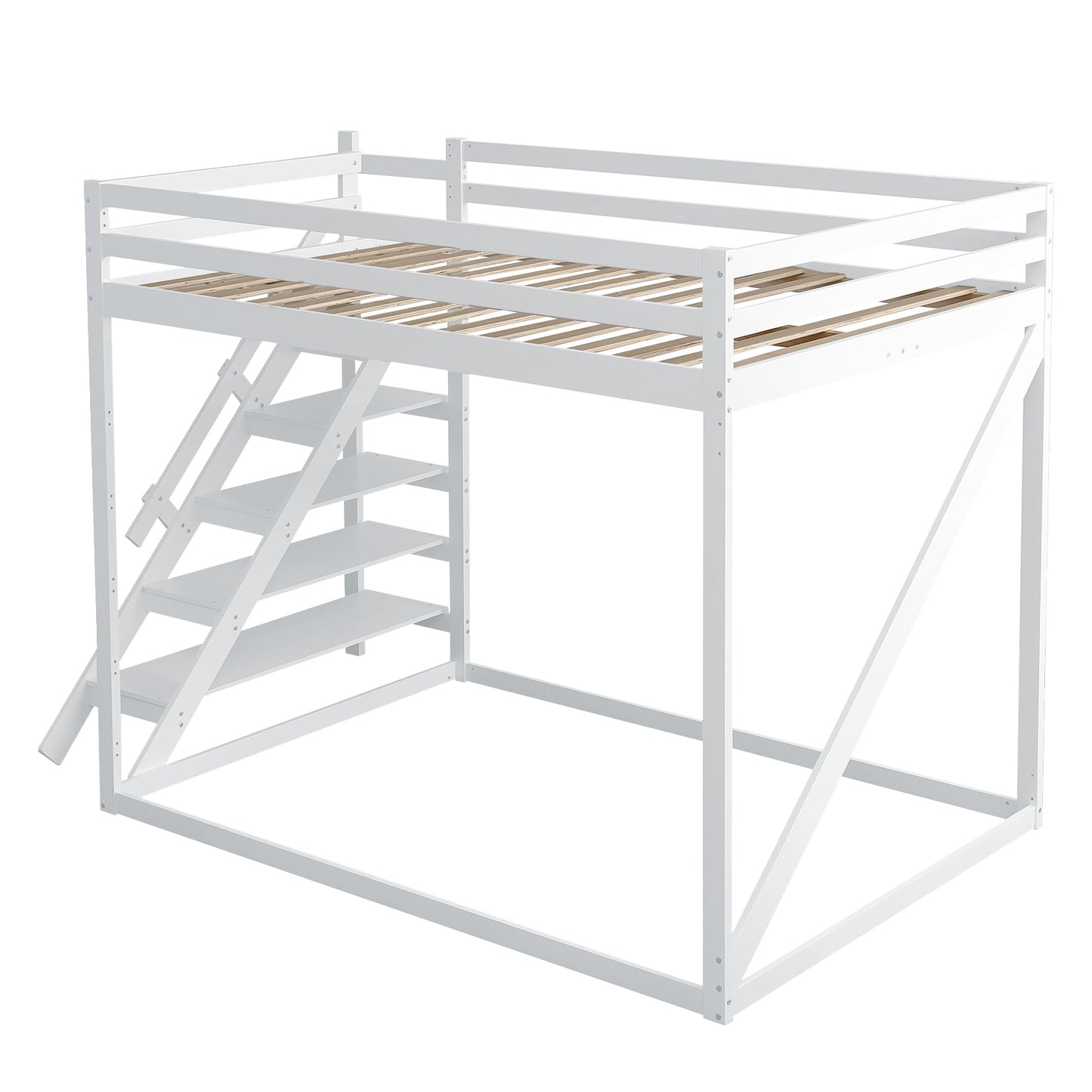 Merax Kinderbett 90x200 cm aus Holz, Multifunktionales Hochbett mit austauschbarer Treppe & Stauraum, Schubladen als Schreibtisch nutzbar, Weiß (Ohne Matratze)