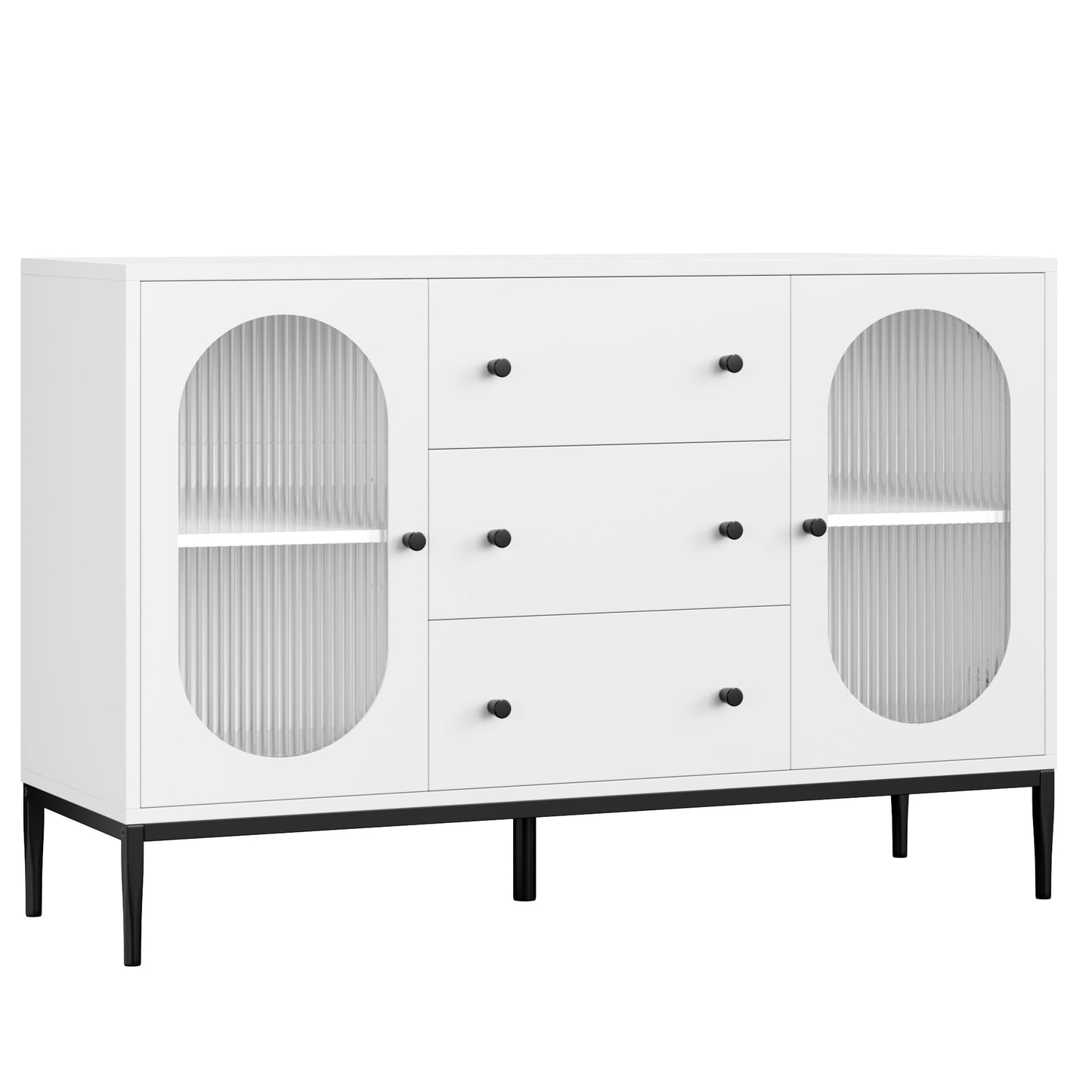 FirFurd Sideboard 120 cm Wide Kitchen Cabinet with Worktop Buffet Cabinet with 2 Glass Doors 3 Drawers Kitchen Buffet with Adjustable Shelf for Kitchen Dining Room Living Room 120 x 38 x 80 cm Black