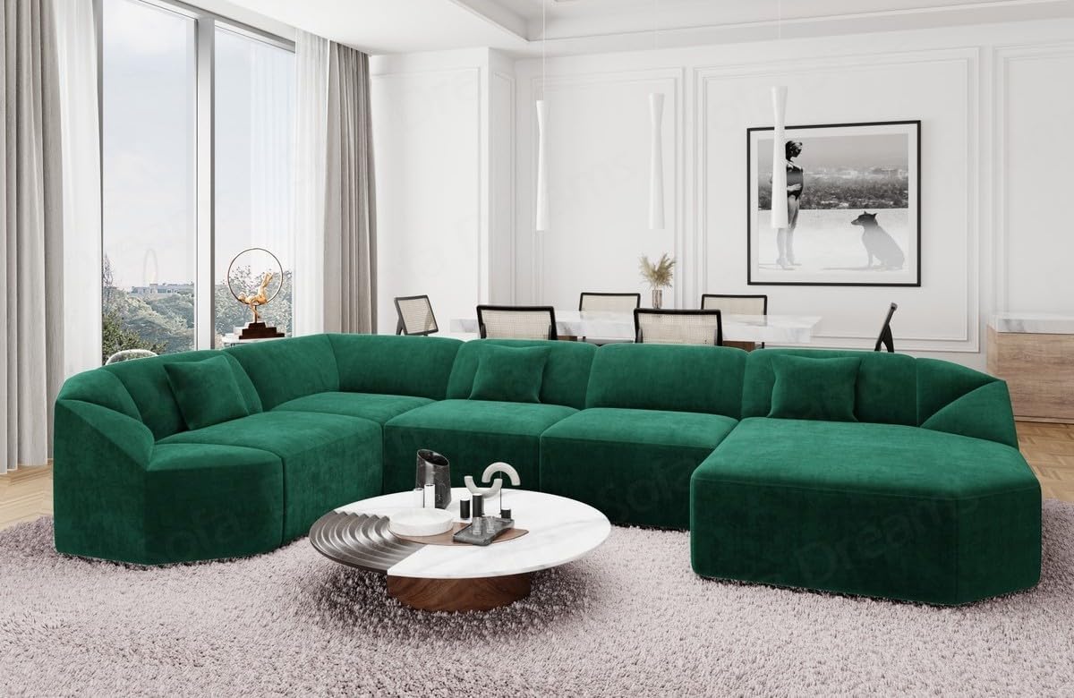 Wohnlandschaft Cabrera U-Shape Fabric Sofa in Velvet Designer Sofa Sun Velvet (Green, Ottoman Left)