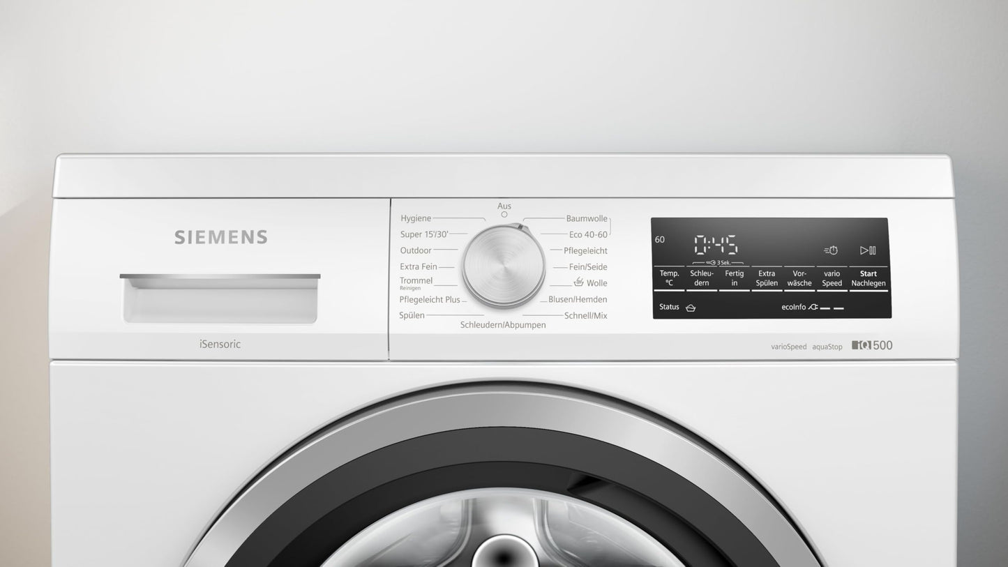 Siemens WM14N12A Waschmaschine iQ300, Frontlader mit 9kg Fassungsvermögen, 1400 UpM, speedPack L, smartFinish, Outdoor-Programm, LED-Display, Weiß, 60cm