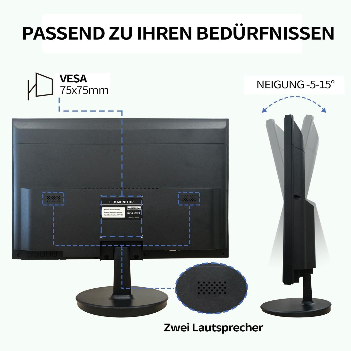 Dragolftie 19 Inch PC Monitor 1440 x 900, Two Built-in Speakers, 60Hz, 5ms, Computer Screen with Low Blue Light Desktop Monitors, HDMI, VGA, VESA Mountable Business Screen, Black