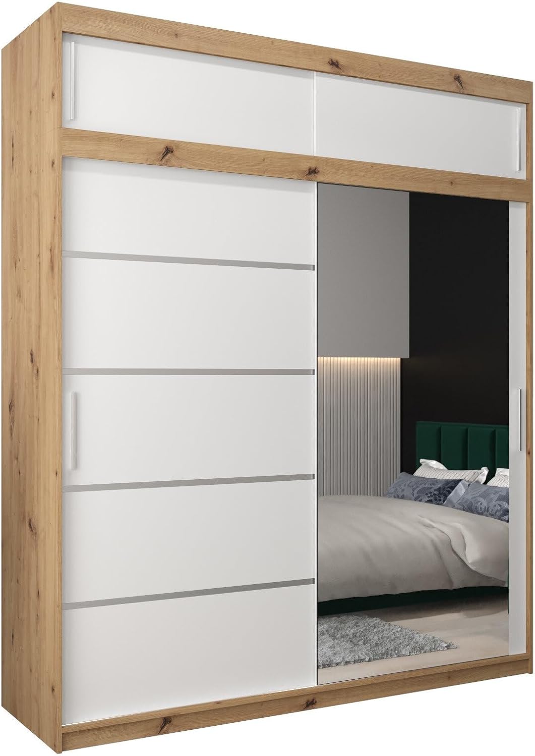 MEBLE KRYSPOL Kleiderschrank mit Spiegel Verona 2 - Garderobenschrank - Schrank Schlafzimmer - Mehrzweckschrank DREI Schiebetüren - Regalen - Flur Möbel - Kleiderstange Schrank - Allzweckschrank