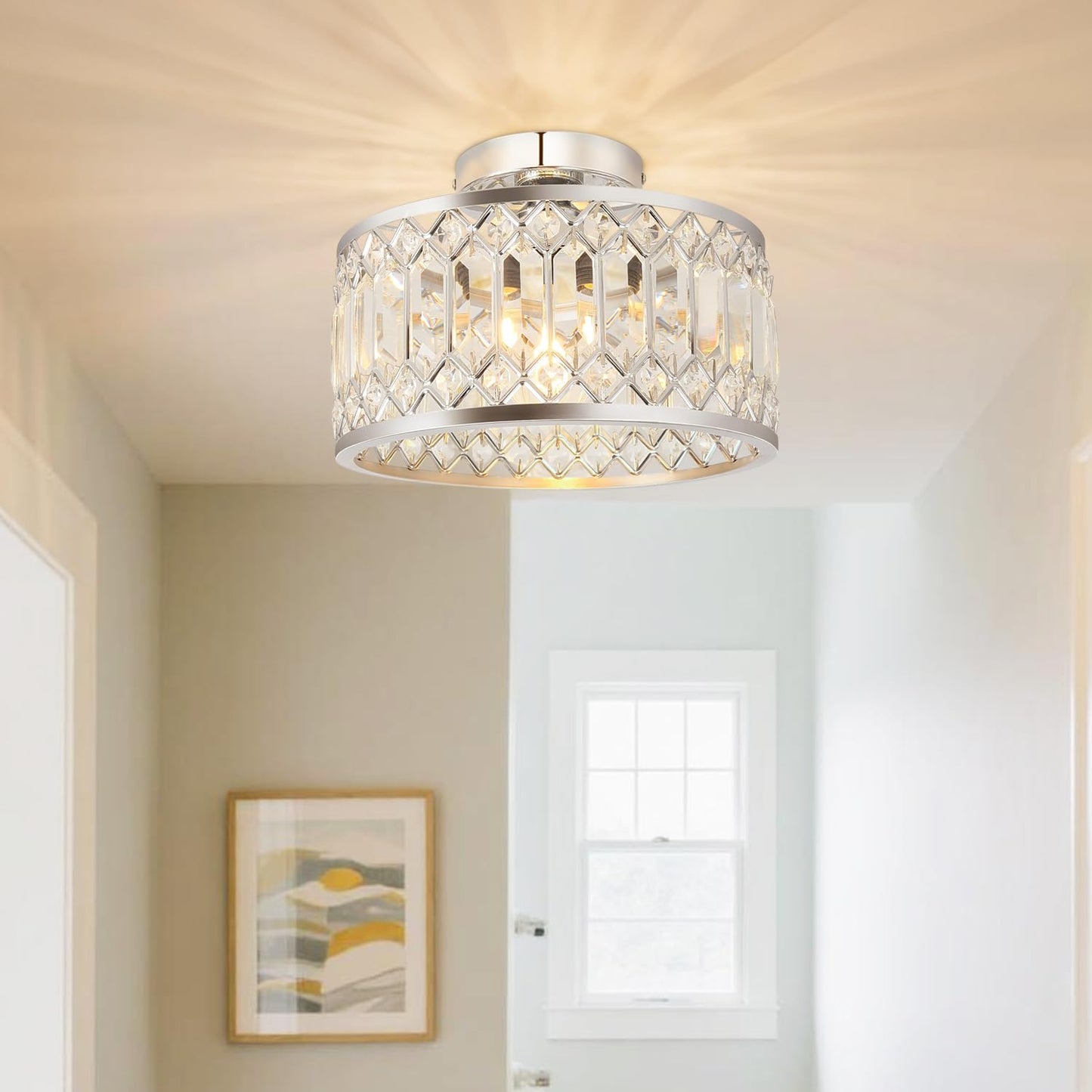 ANWIO Ceiling Light Living Room, Modern Crystal Ceiling Light Black Living Room, E27 Crystal Chandelier Bedroom with Glass Lampshade for Dining Room, Kitchen, Hallway, Office, Diameter 27 cm