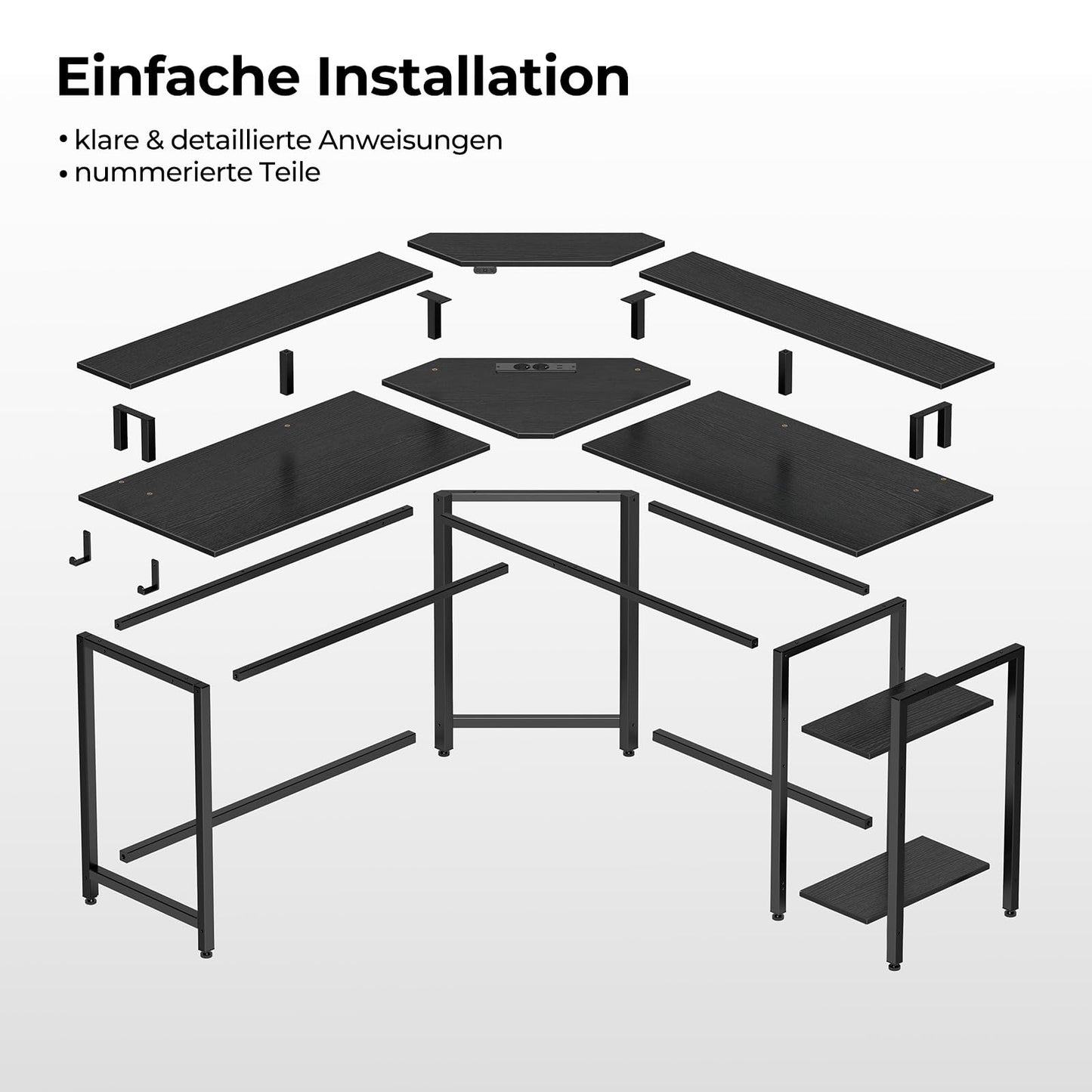Rolanstar Schreibtisch L Form mit LED & Steckdosen, 117 cm Computertisch mit Monitorständer & Ablagefläche, Reversibler Eckschreibtisch mit 2 Haken, perfekt für Arbeitszimmer Schlafzimmer Büro