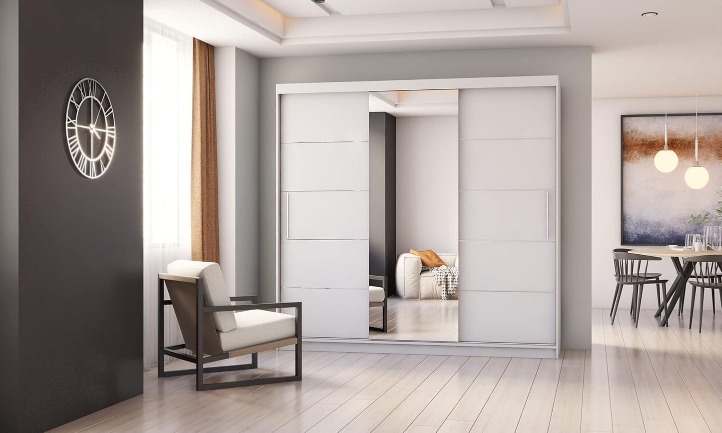 Fabryka Mebli Idźczak Kleiderschrank mit Spiegel, Schiebetüren - Weißer Schwebetürenschrank, Schlafzimmerschrank - 61 x 250 x 218 cm - Schrank für Schlafzimmer, Wohnzimmer, Garderobe