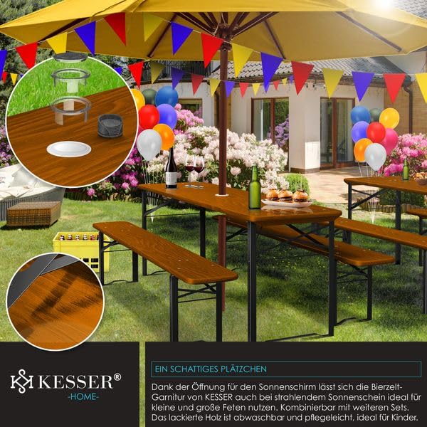 KESSER® Bierzeltgarnitur 3 teilig Gartenmöbel-Set | Klappbar 220 x 50 x 77cm | 2X Bierbänke 1x Biertisch | Festzeltgarnitur Biertisch Stehtisch Sitzgarnitur Holz 16-teiliges Bodenschoner-Set
