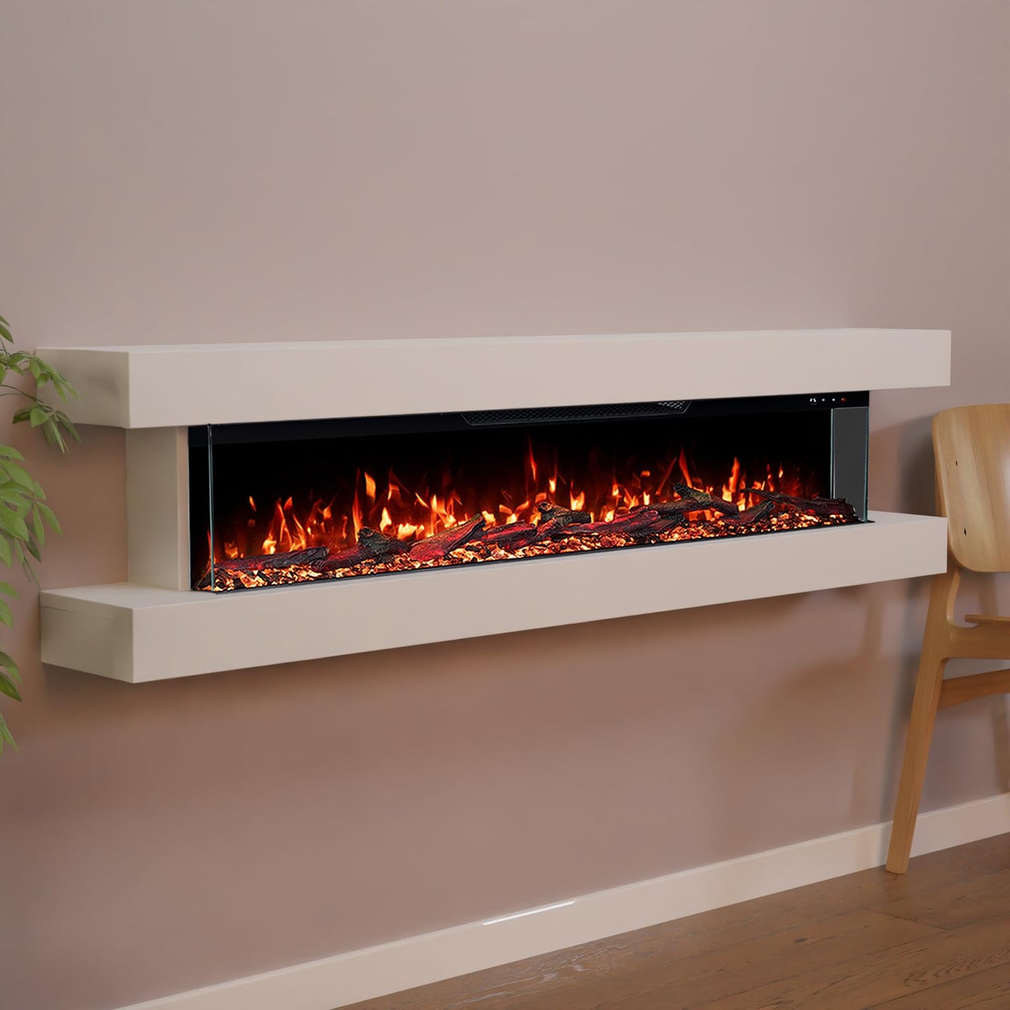 GLOW FIRE Clear Wall Electric Fireplace with Realistic 3D LED Fire - Wall Electric Fireplace with Heater and Fireplace, App Control, Crinkle Effect & Timer, Max. 1800 W, 137 x 39 x 21 cm, White