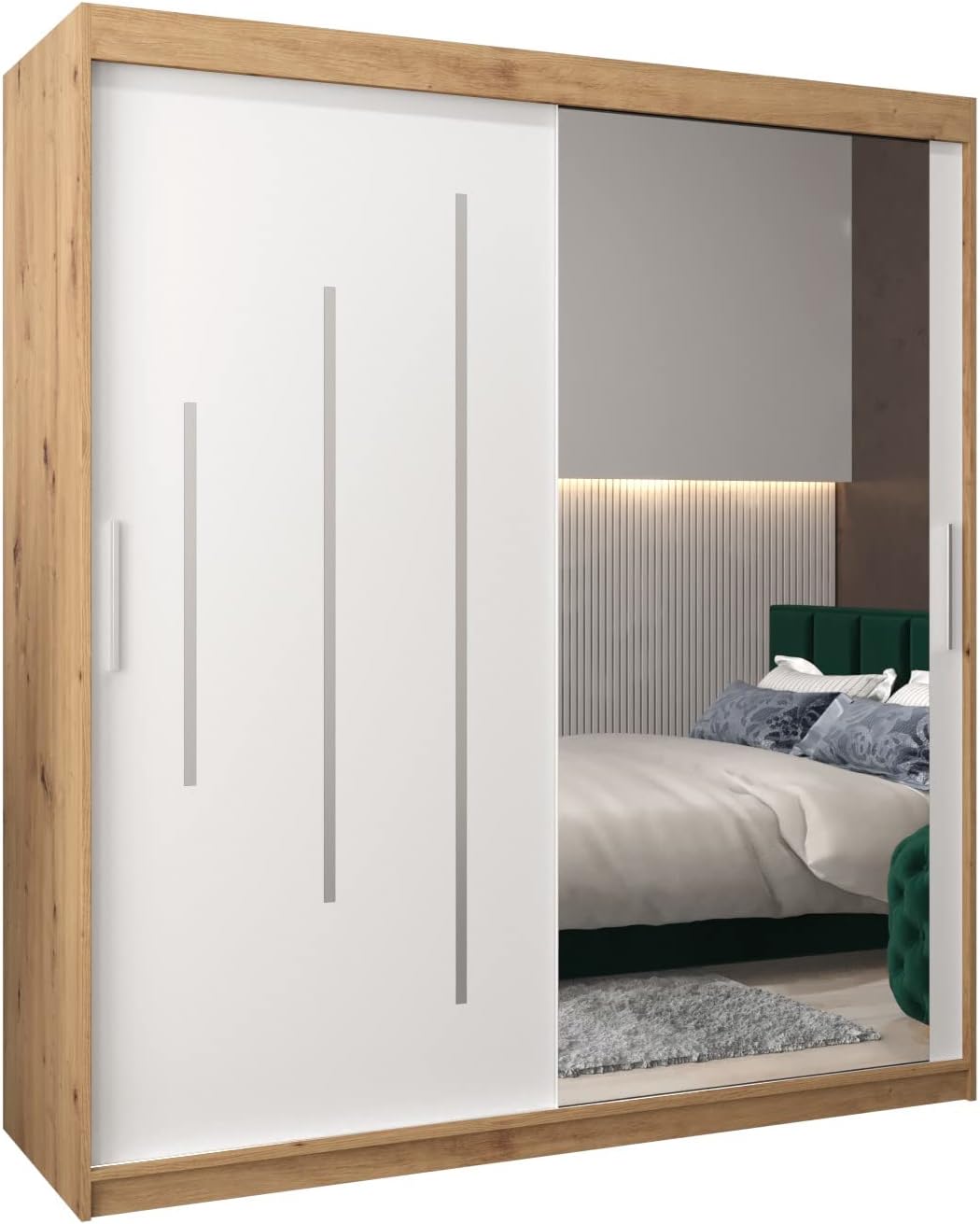 MEBLE KRYSPOL Kleiderschrank mit Spiegel York 2 - Garderobenschrank - Schrank Schlafzimmer - Mehrzweckschrank Zwei Schiebetüren - Regalen - Flur Möbel - Kleiderstange Schrank - Allzweckschrank