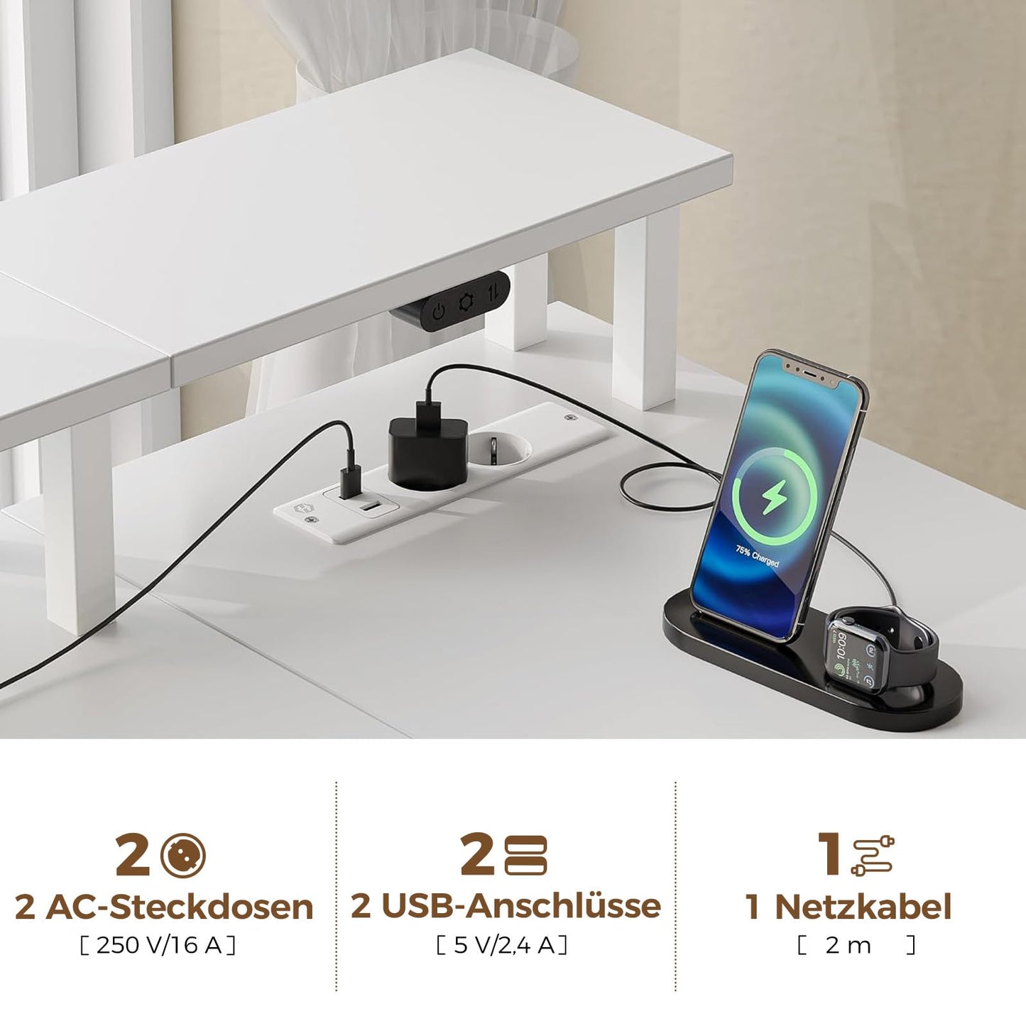 Seventable Schreibtisch L Form, Computertisch mit Steckdose, LED & Monitorständer, Reversibel Eckschreibtisch mit Schubladen, perfekt für Schlafzimmer Büro Wohnzimmer