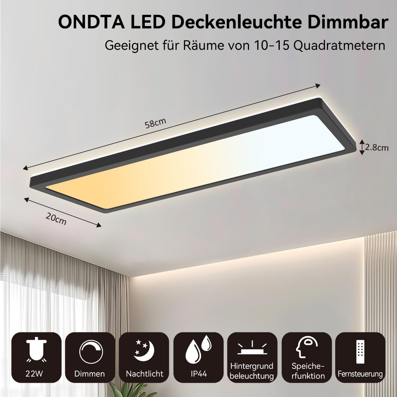 ONDTA LED Deckenleuchte dimmbar 22W, 58x20cm 2700K-6500K 2800LM, Deckenlampe mit Fernbedienung, IP44 Badezimmer lampe LED Panel für Küche Wohnzimmer Schlafzimmer Badezimmer Büro, Rechteckig