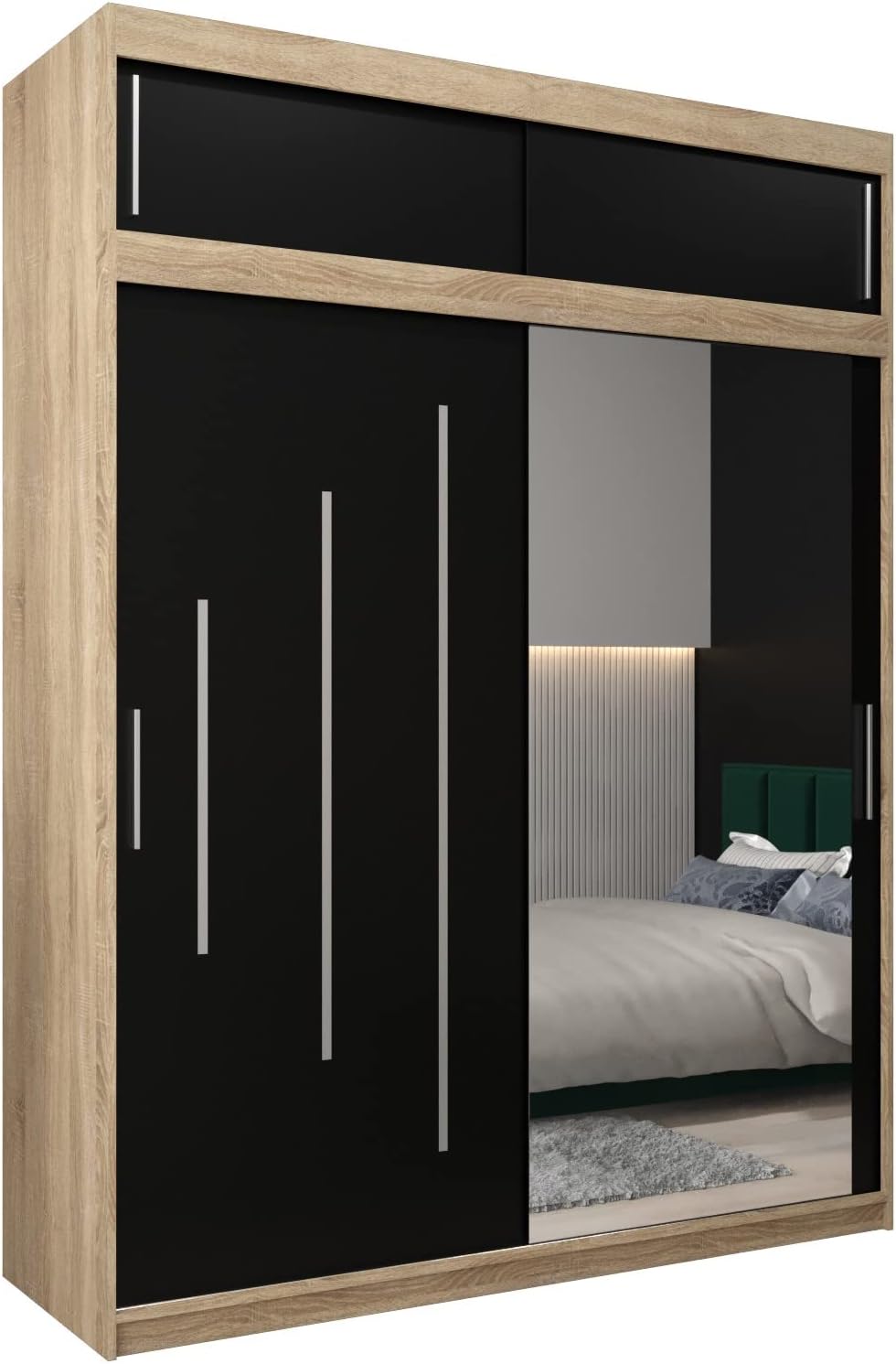 MEBLE KRYSPOL Kleiderschrank mit Spiegel York 2 - Garderobenschrank - Schrank Schlafzimmer - Mehrzweckschrank Zwei Schiebetüren - Regalen - Flur Möbel - Kleiderstange Schrank - Allzweckschrank