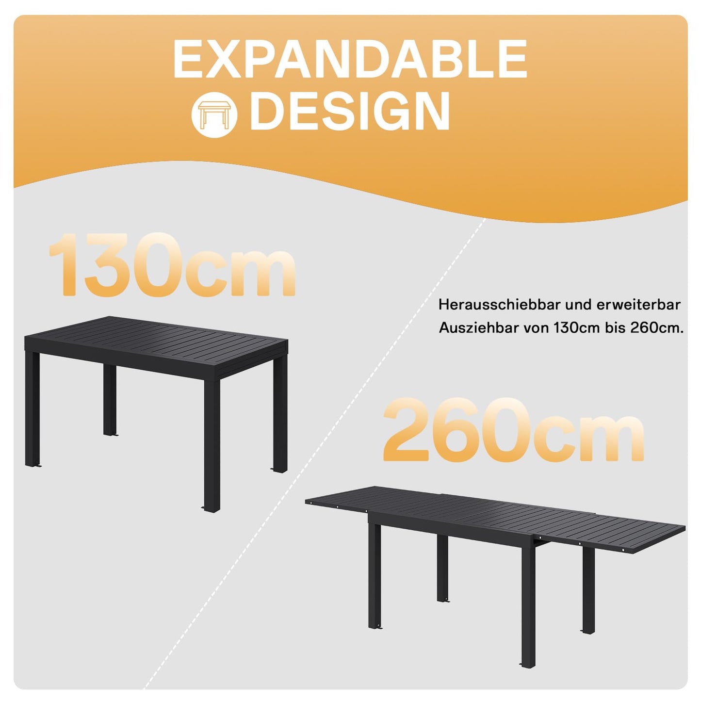 Devoko Garden Furniture Set for 8 People, 8 + 1 Aluminium Table and Chairs Set, Balcony Furniture, 8 Stackable Garden Chairs and 1 130/260 cm Stretchy Garden Table, Patio Furniture Sets Outdoor