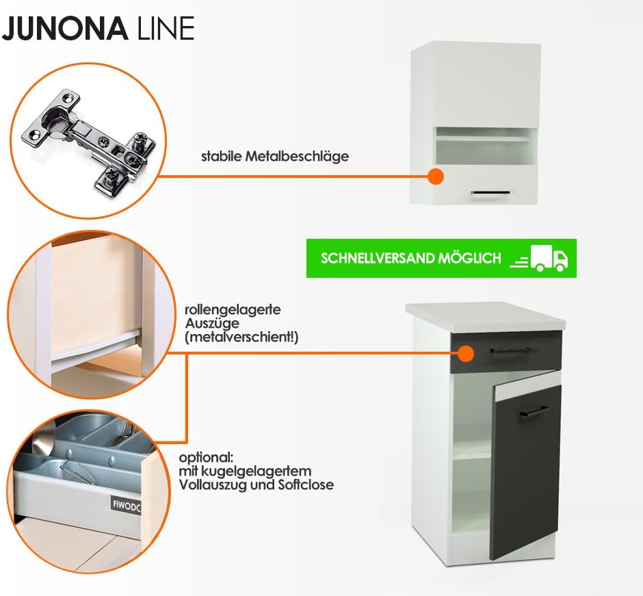 FIWODO Junona Line 240 Fitted Kitchen Set with Full-Extension Drawers Choice of 3 fronts 240 cm EICHE / EICHE