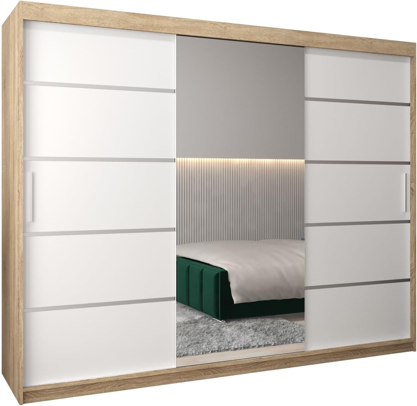 MEBLE KRYSPOL Kleiderschrank mit Spiegel Verona 2 - Garderobenschrank - Schrank Schlafzimmer - Mehrzweckschrank DREI Schiebetüren - Regalen - Flur Möbel - Kleiderstange Schrank - Allzweckschrank