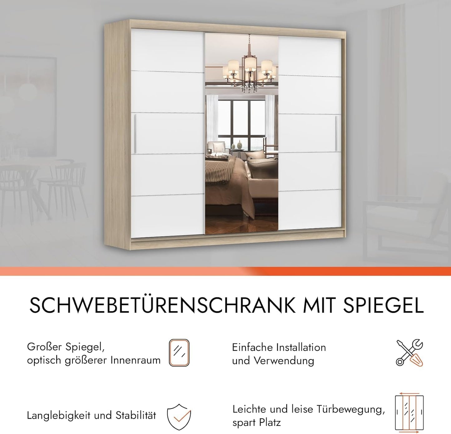 Fabryka Mebli Idźczak Kleiderschrank mit Spiegel, Schiebetüren - Weißer Schwebetürenschrank, Schlafzimmerschrank - 61 x 250 x 218 cm - Schrank für Schlafzimmer, Wohnzimmer, Garderobe
