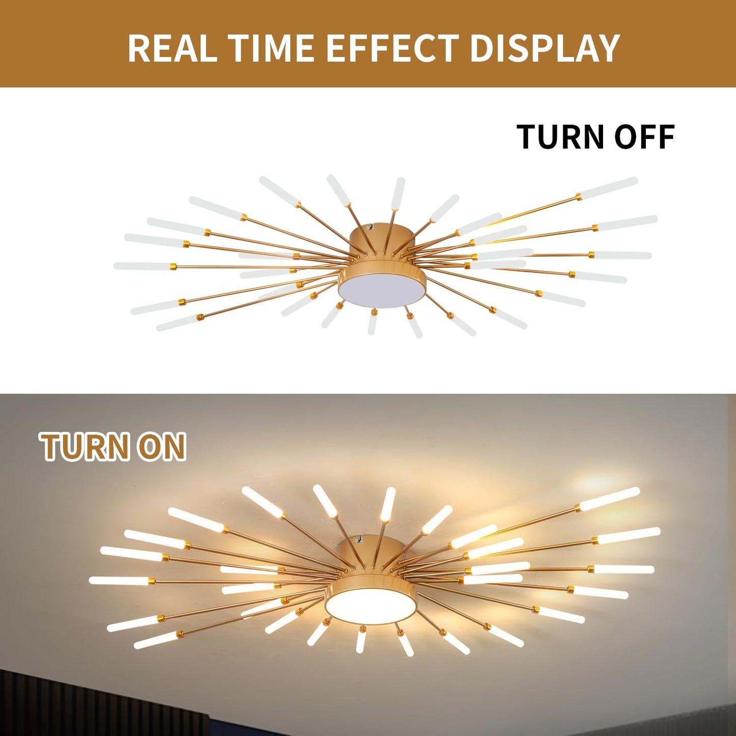 minifair Moderne LED-Deckenleuchte, 12 + 1 Köpfe, halbbündige Deckenleuchte, goldene Kronleuchter, Deckenbeleuchtung für Schlafzimmer, Wohnzimmer, Küche, Esszimmer, Restaurant