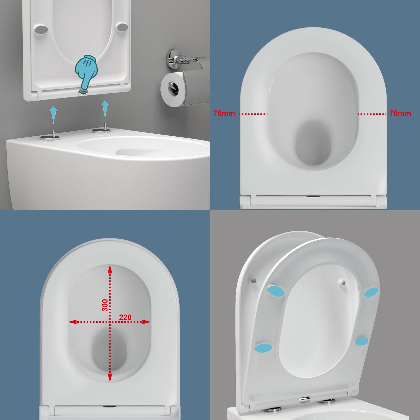 UDiseño Wall Toilet Rimless Toilet, 360° Superspin Flush Hanging Toilet, Raised Complete Set, D Shape, Low Noise Tornado Toilet Flush, UF Lid Seat with Soft-Close Mechanism, 52.5 cm Long, White