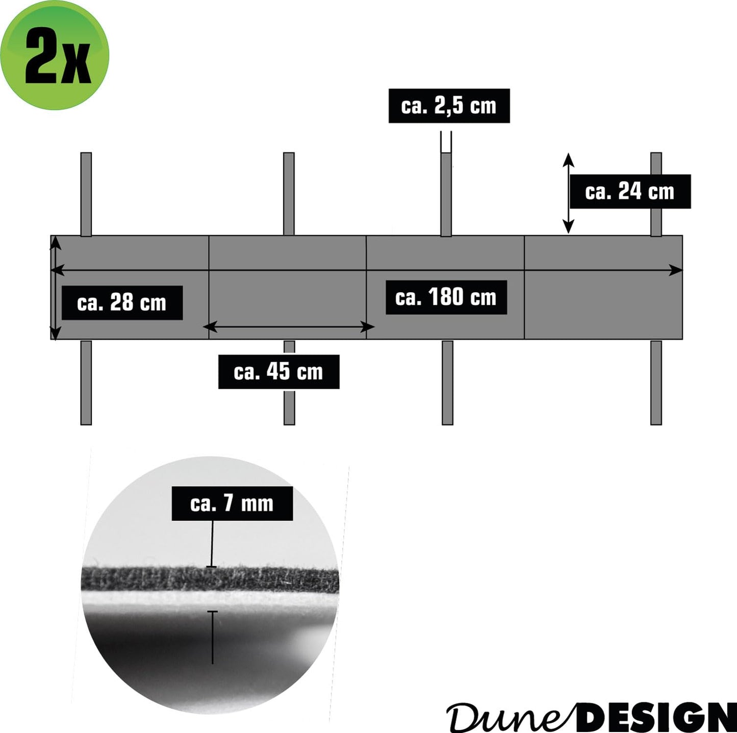 DuneDesign 2er Set: 180 cm Filz Bierbank Polster - 2 cm Dicke Bierbank Kissen zum Wenden - 180x28 Sitzauflagen Bierzeltgarnitur - Sitzpolster für Bierbänke Deko Bierzeltgarnitur Bierbankauflagen Set