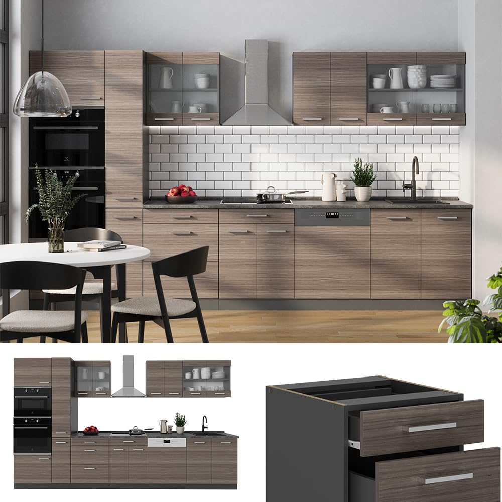 Vicco R-Line Fitted Kitchen Cabinets Anthracite Kitchen Furniture (Anthracite / White High Gloss, MUS 350 cm)